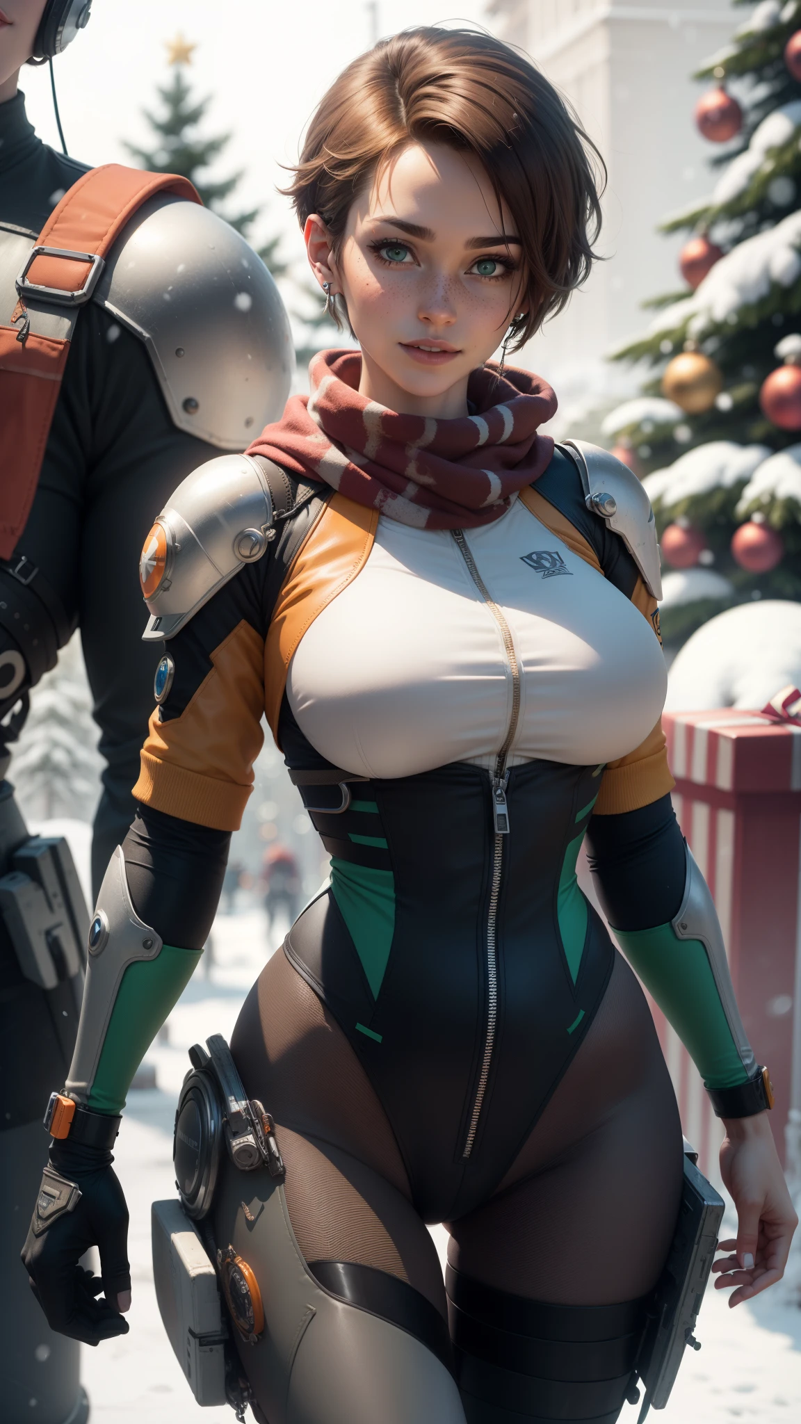 gwen tennyson,tracer,lara croft,rebecca chambers,overwatch,atelier ryza,close up,christmas forest,tattoos,orange plugsuit,short sleeve pilot leotard,short sleeve cyborg pilot jacket,orange sport leggings,cyborg pilot leather corset,short hair,punk makeup,green eyes,multicolored white hair,sexy smile,freckles,beautiful girl,large breasts,8k,ultra detailed,realistic,fantasy art,steel armor,cyborg armor,silver armor,eva pilot uniform,pilot scarf,pilot hair pin,ear piercings,christmas tree, military hand and neck jewelry,walking,(weather:snowing),close up,