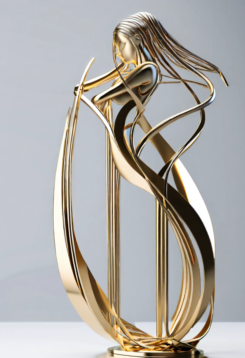 (maximalist:1.5),(Metal sculpture of a beautiful girl:1.3),(Lines are curved and smooth:1.2),golden colored,(rainbowing:1.1),abstract sculpture,minimalistic background,Line winding sculpture,(Best quality at best,ultra - detailed,Best Best Illustration,The best shadow,tmasterpiece,A high resolution,professionalartwork,famousartwork),heavy metal style,Post-industrial style,A futuristic,Delicate curves,Stylized abstract sculpture of beautiful girl,heavy metal style,postmodern industrial style,hyper realisitc,metallic luster,metalictexture