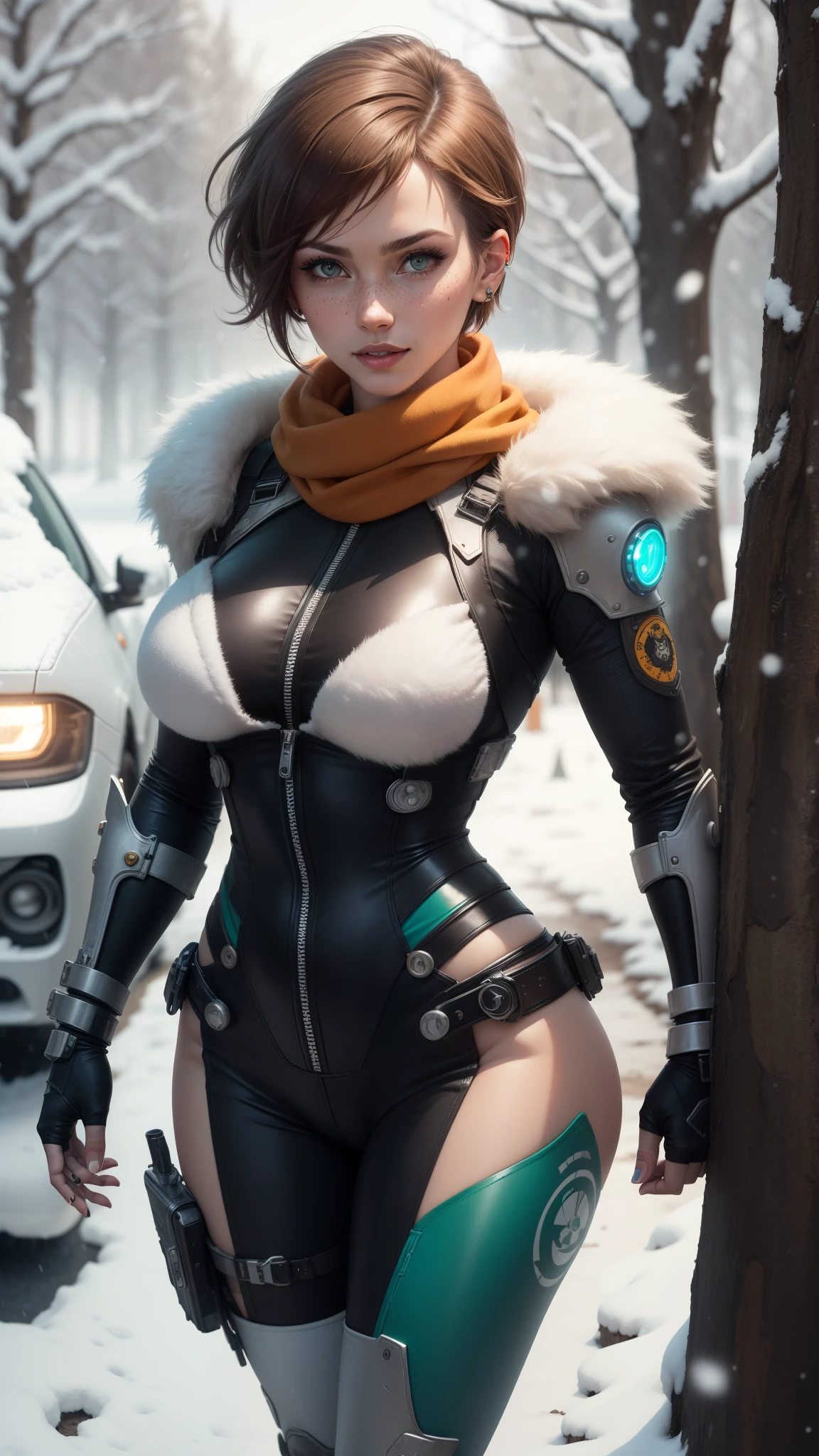 gwen tennyson,tracer,bulma,rebecca chambers,overwatch,atelier ryza,close up,christmas forest,tattoos,orange plugsuit,short sleeve pilot top,short sleeve pilot jacket,orange sport leggings,mech pilot leather corset, short hair,punk makeup,green eyes,multicolored silver hair,sexy smile,freckles,beautiful girl,large breasts,8k,ultra detailed,realistic,fantasy art,steel armor,cyborg armor,fur armor, gundam pilot uniform,pilot goggles,pilot hair pin,ear piercings,christmas tree,military hand and neck jewelry, walking,(weather:snowing),close up,