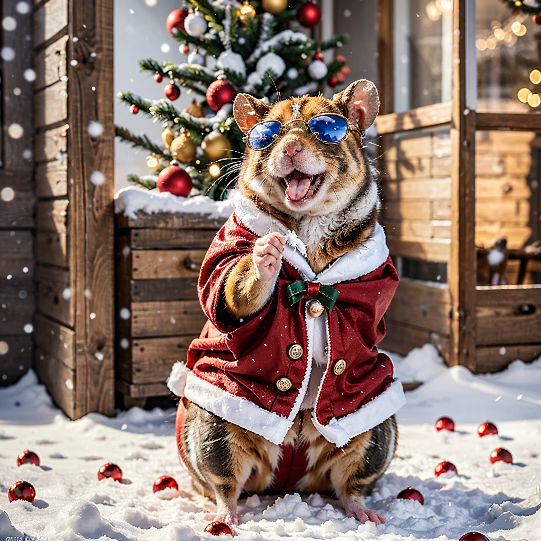 A cute hamster, wearing Christmas clothes, wearing sunglasses, eating Christmas food, look happy, Christmas decorations, snow, high quality, high detail, 8k