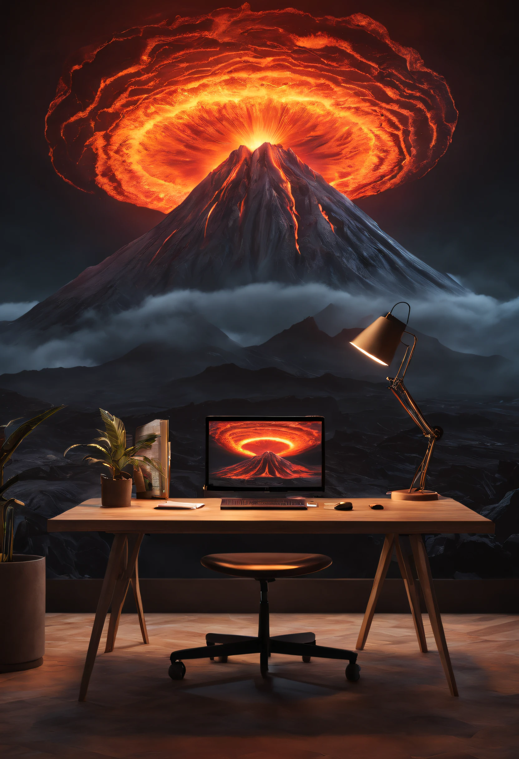 revealed through a minimalist and simple approach, Transforming the ordinary, witness a mesmerizing 3D volcanic masterpiece atop a study table bathed in an ethereal glow, Find harmony in the symmetrical design, highres, best quality, award winning, HD, 8k