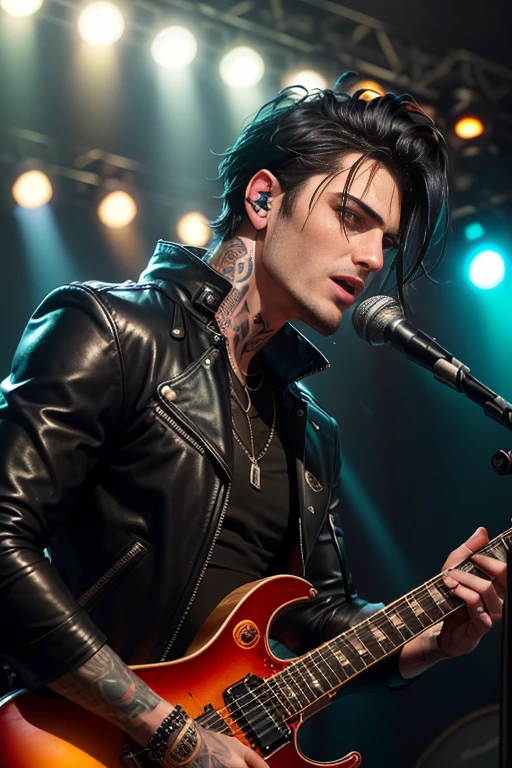 (1guy), handsome guy, black hair ,black eyes, dave, singer on stage for a rockband,some tatoo, underground rock setting. Dark lights, in a dark hotel room, in a leather jacket, sad