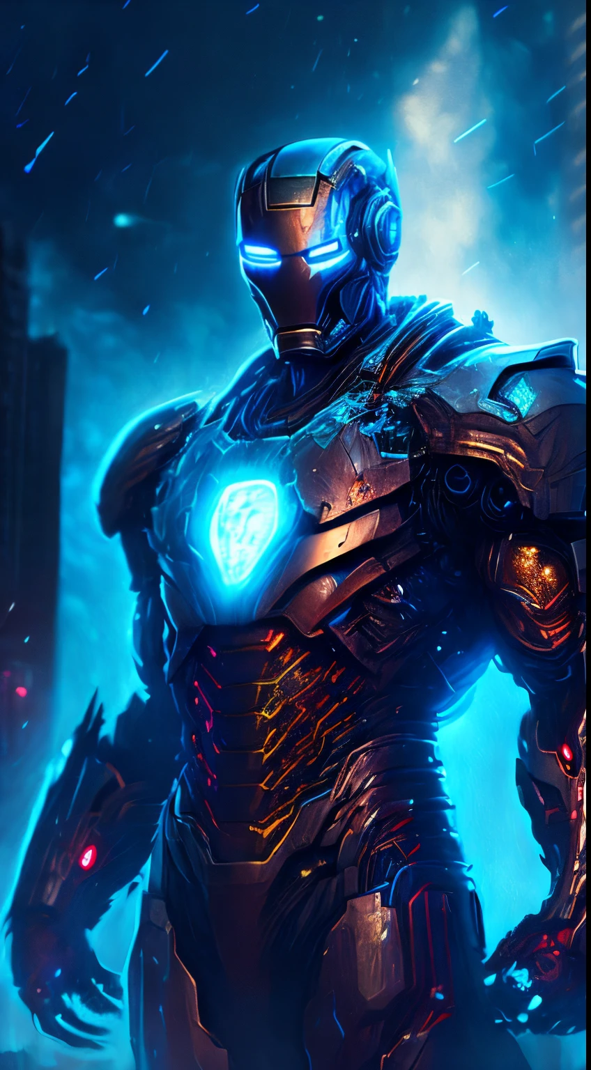 gloomy portrait of Zombie Iron Man from Marvel, extremely detailed, futuristic cityscape, nighttime, glowing neon lights, smoke, sparks, metal shavings, flying debris, blue energy effects, volumetric light