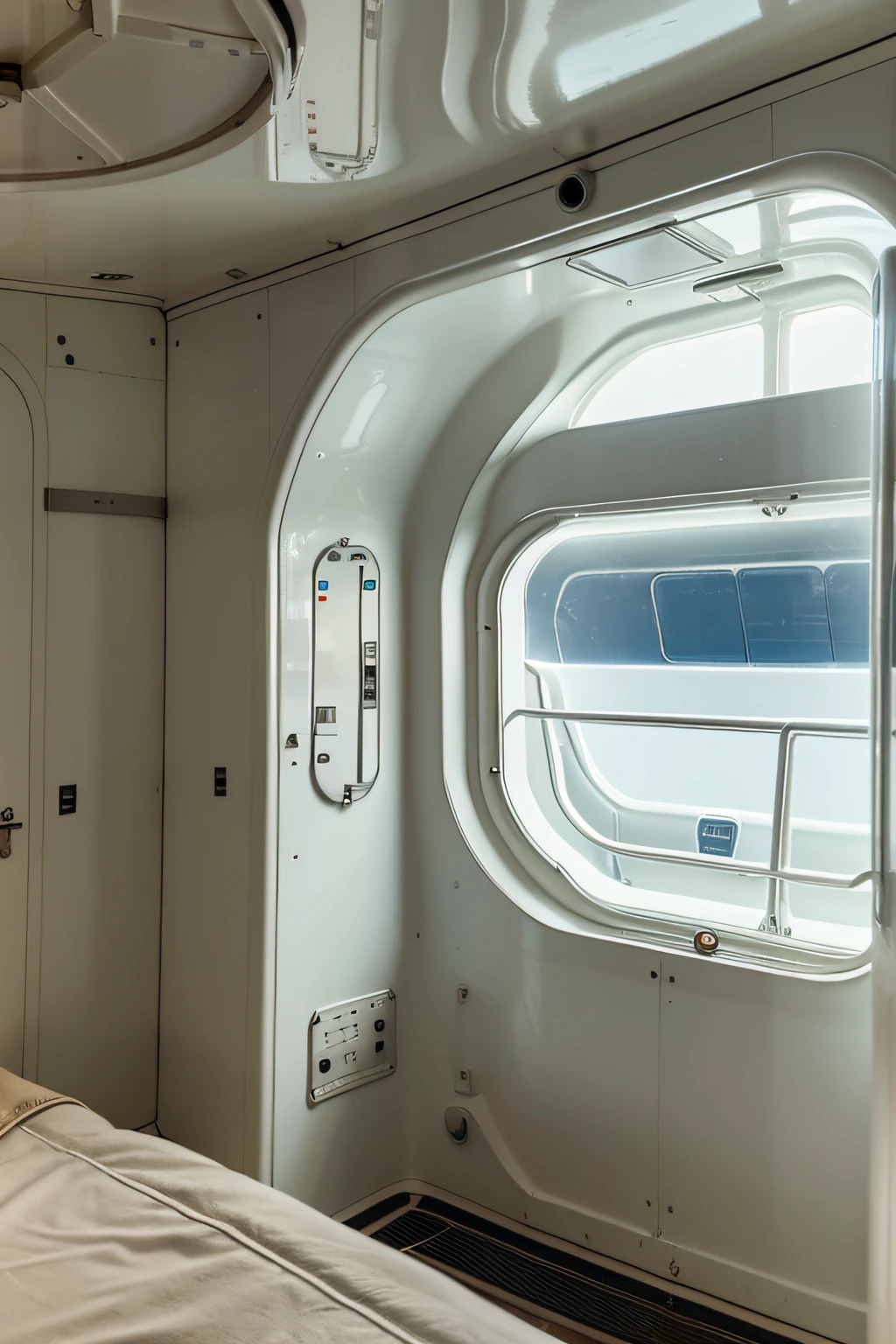 there a large white curved door corners on a ship with a lot of signs, engine room, maintenance photo, outside large curved window of ship, look at the details, ship control panel close-up, inside large curved window of ship, in a ship, heavy, looking this way, inside an epic, closeup photo, interior view, inside an ship
