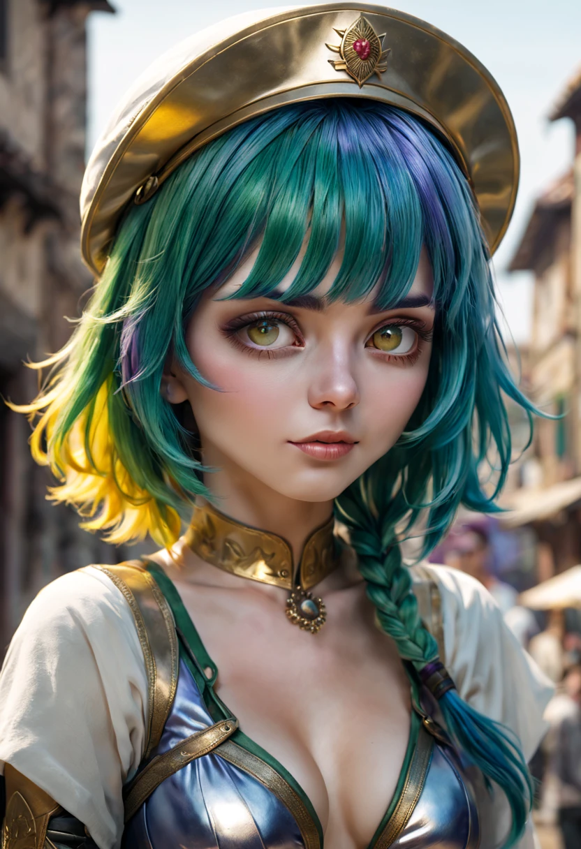 ((Haha: 1.2 + Gallian: 1.3), Realistic art style), k hd, dynamic angle, dynamicposes, 夏天, perspiring, white cloth, (silber hair: 1.2 + A yellow-haired: 1.2+ White hair: 1.2+ brunette color hair: 1.2 + redheadwear: 1.2 + Blue hair: 1.2 + Purple colored hair: 1.2 + Green hair: 1.2), Headlights in the sun, evening light, metall armour, Authentic texture, finely detailled, Watercolor polishing.