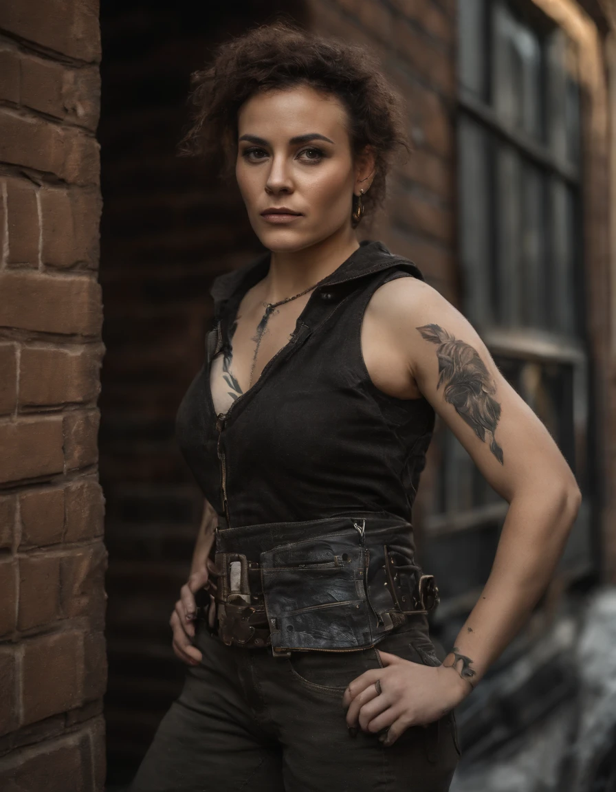 A far left liberal young woman, 25 years old, activist, non-binary, dressed like a punk, anarchist, petite body, tattoos, punk haircut, standing outside of a brownstone stoop, rebelious, entire body visible, full body, hyperrealistic, best quality, 8K, real human skin, masterpiece, extremely intricate, detailed eyes, detailed face, detailed body, exaggerated features, pronounced features