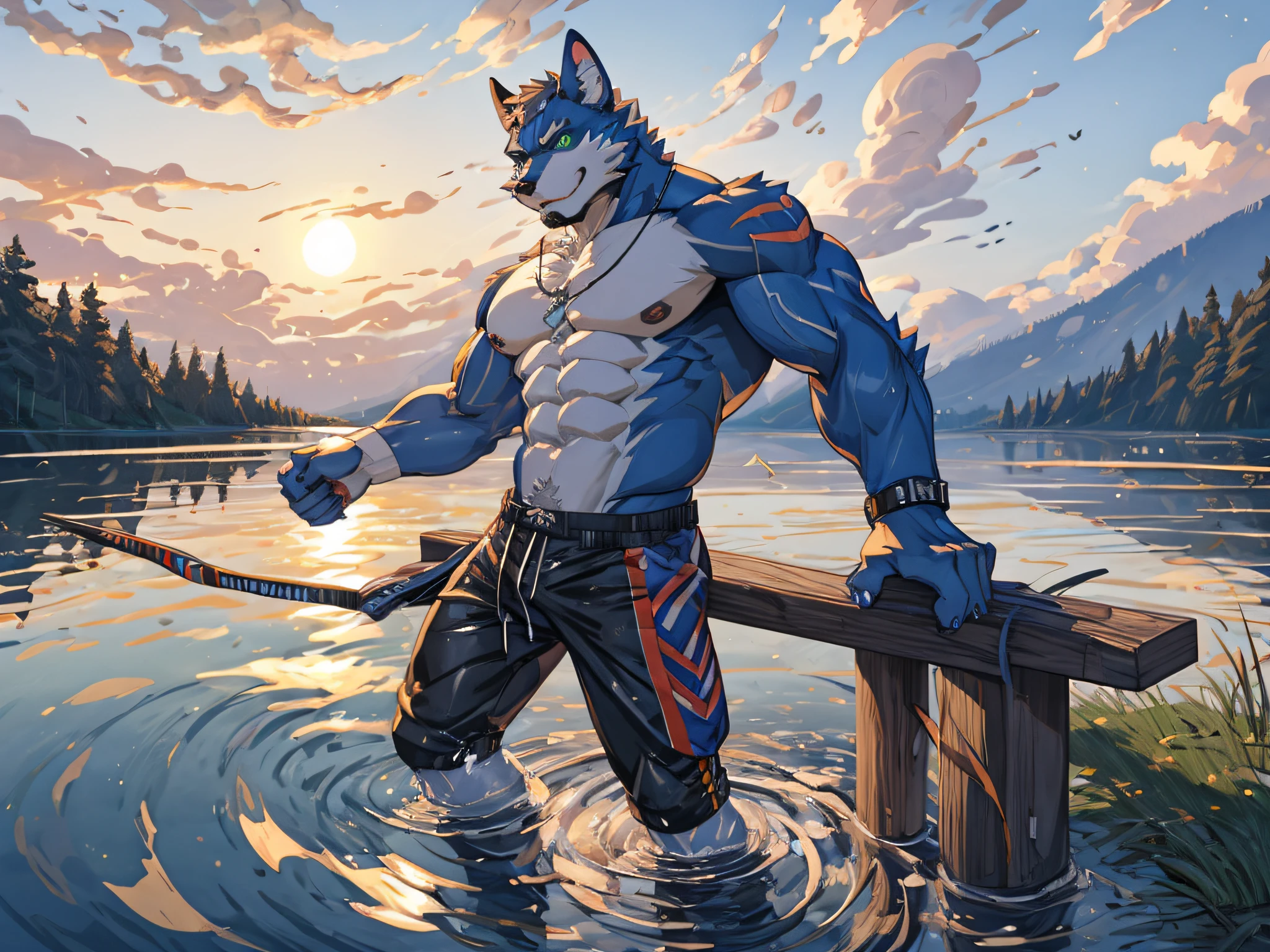 furry,bara,brown cow,masculine,green eyes,Bouncy body,Nude body,Wear blue swimming trunks,Standing in the lake,The sun has set..