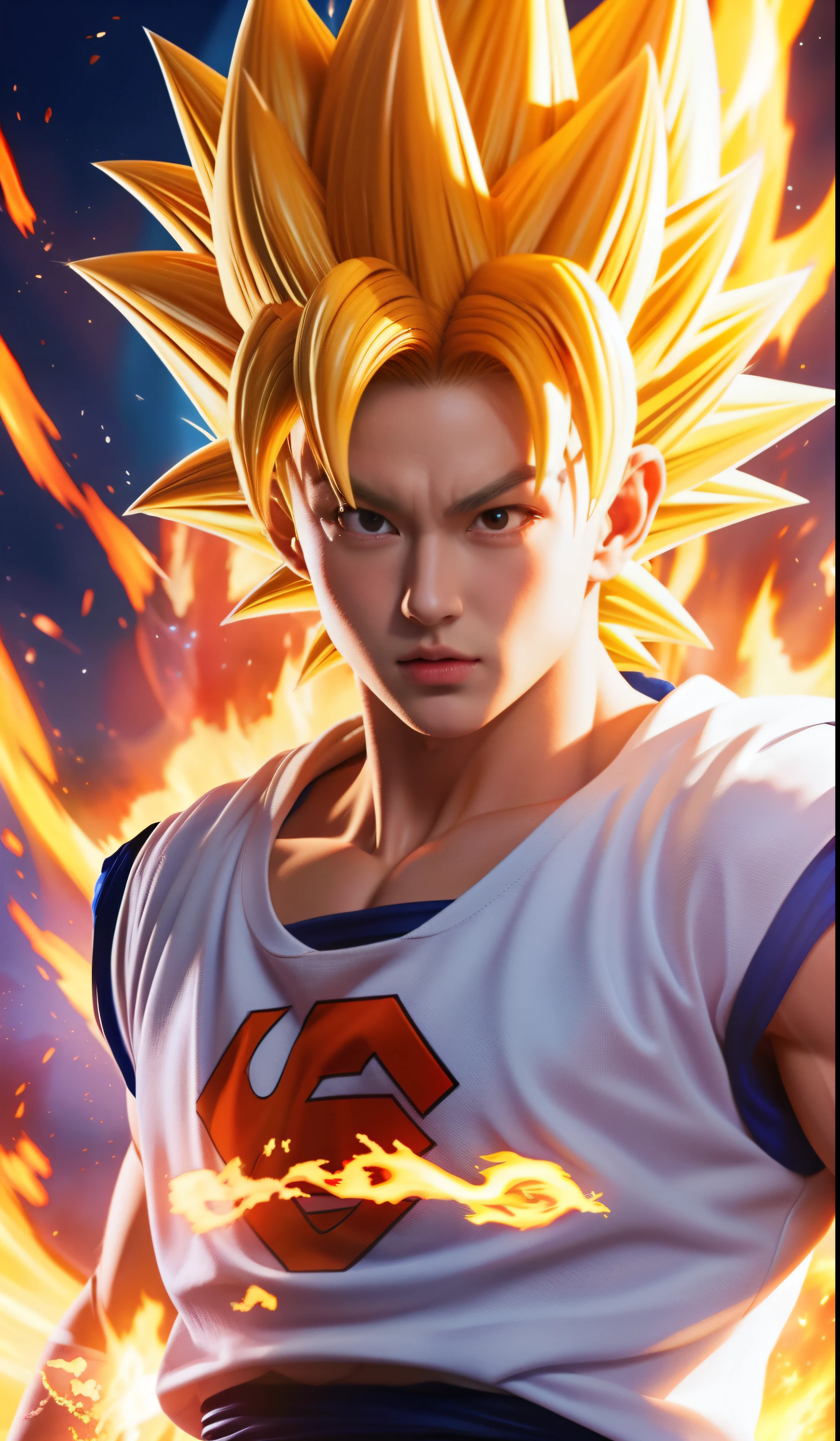 Realistic artwork .close up of a super saiyan gogeta with fire in the background, fanart, dragon ball z style, highly detailed realistic portrait, outstanding manga art style , hq artwork, Dragonball characters, realistic dragon ball art style.