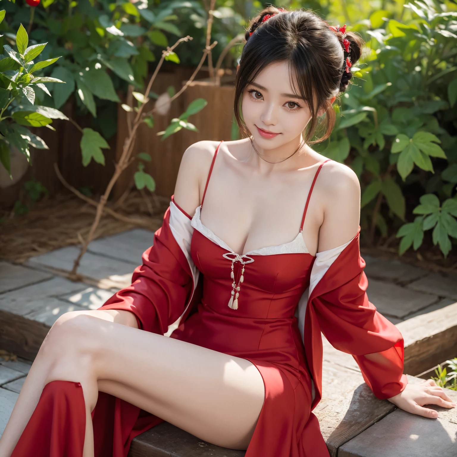 1 beautiful, enchanting and sexy girl,Wear this red Hanfu,The background is the palace garden