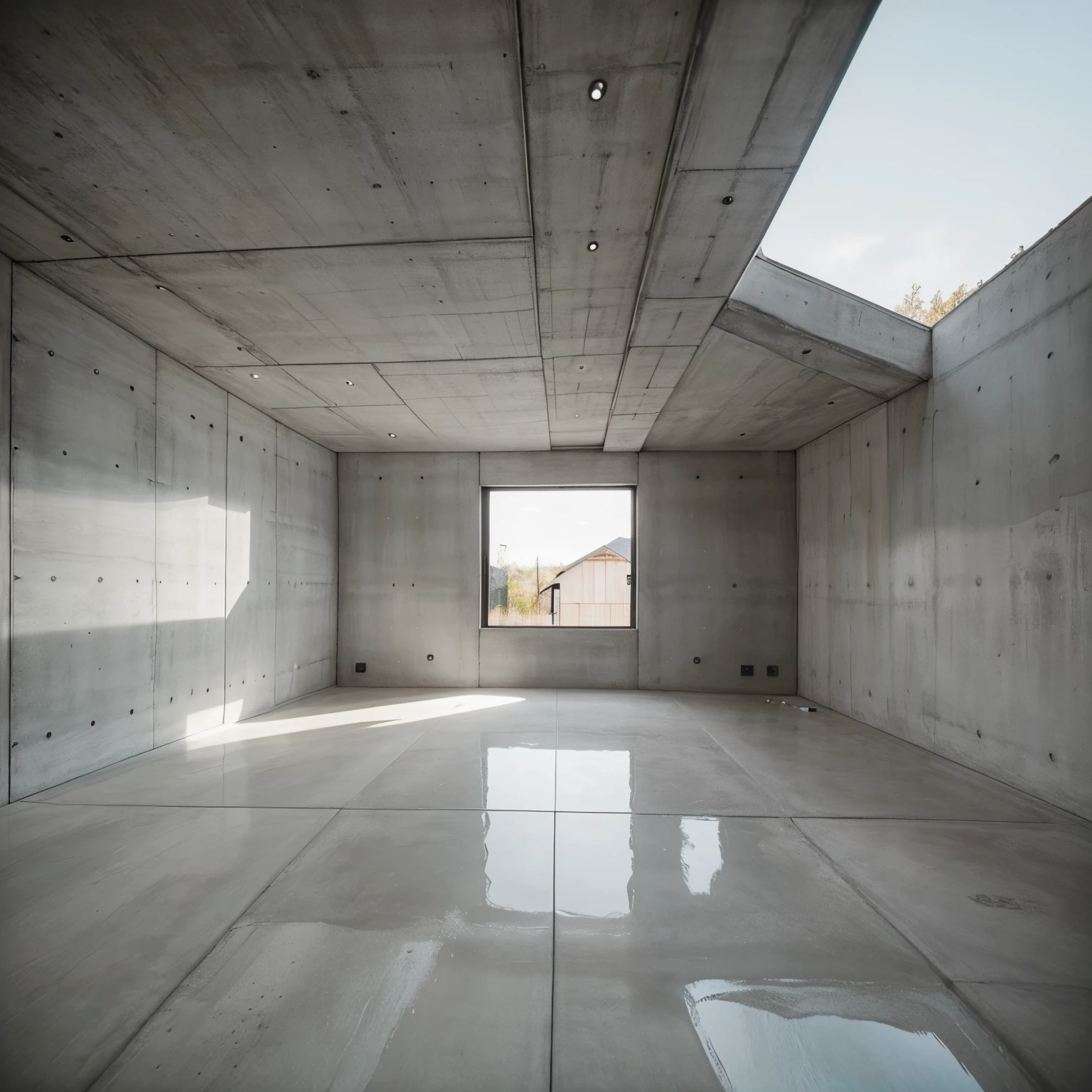 House made of concrete and glass in a minimalist style, loft, Geometric shapes, Modern design, minimalism