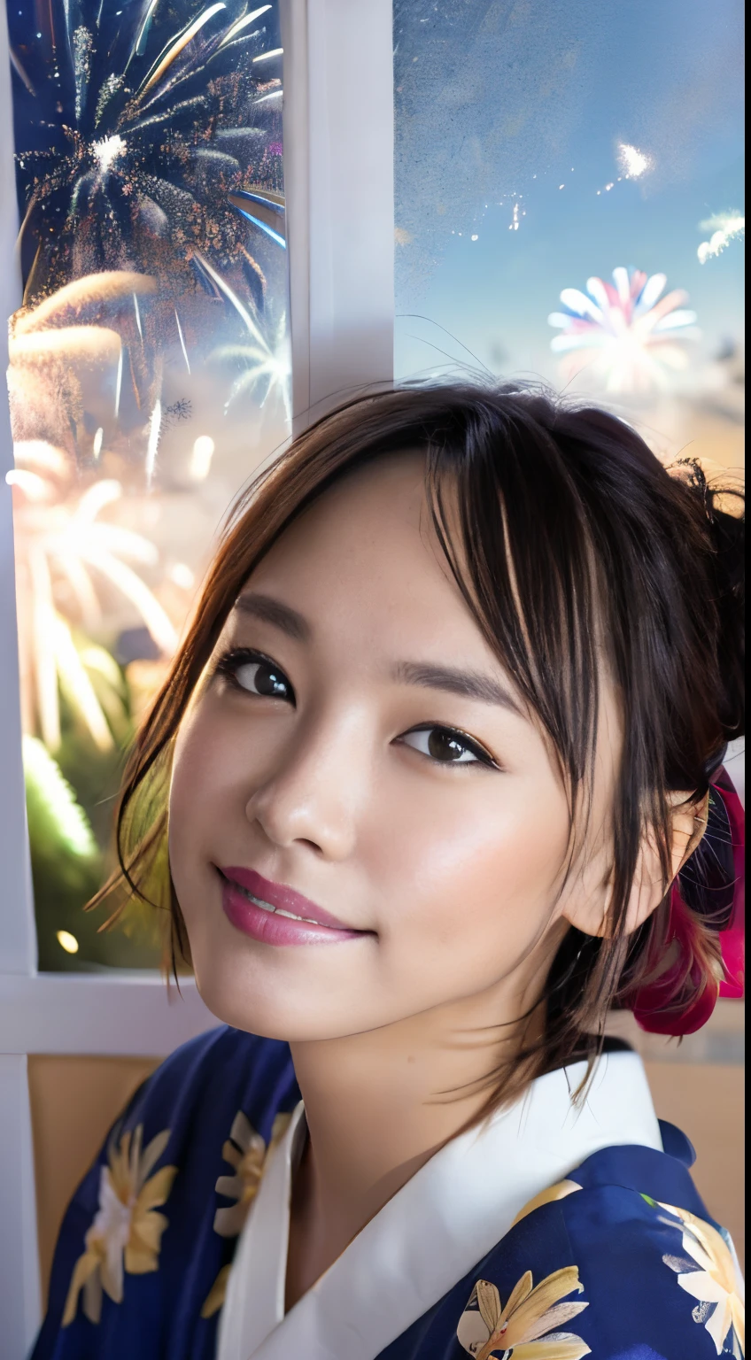 (masutepiece:1.3), High resolution, ultra-detailliert, the Extremely Detailed CG Unity 8K Wallpapers, Realistic, Photorealsitic, Raw photo, beautifull detailed face, pale skin, realistic glistening skin, Detailed Cloth Texture, detailed hair texture, Perfect body, Beautiful face, acurate, Anatomically correct, Highly detailed face and skin texture, Natural neck length, (beautiful hand air skin, (Aligned teeth:1.1), (Sweaty skin:1.3), ((Dim lighting:1.2)),
BREAK,
Detailed eyes, symmetrical eye, Light brown eyes, Double eyelids, Thin eyebrows, (Tearful eyes:1.1), (Glossy lips:1.4), ((Face waiting for a kiss:1.2)), (blush:1.1), (Small hair accessories that sparkle:1.1),
BREAK,
(Beautiful Woman 1.3), (Wearing a navy blue yukata:1.2), (The yukata has a floral pattern painted on it..:1.2),
BREAK,
medium large breasts, Slender figure, Firm abs,
((up do hairstyle, Dark blonde hair, Wavy Hair, Long hair, asymmetric bangs:1.2)), (Close Up Shot:1.2),
((Look at me with upturned eyes:1.2)), (Focus on Face:1.2), From above,
BREAK,
((Sitting side by side in the back seat of a helicopter in flight:1.1)), (((Landscape with lots of colorful fireworks outside the window at night:1.3))),