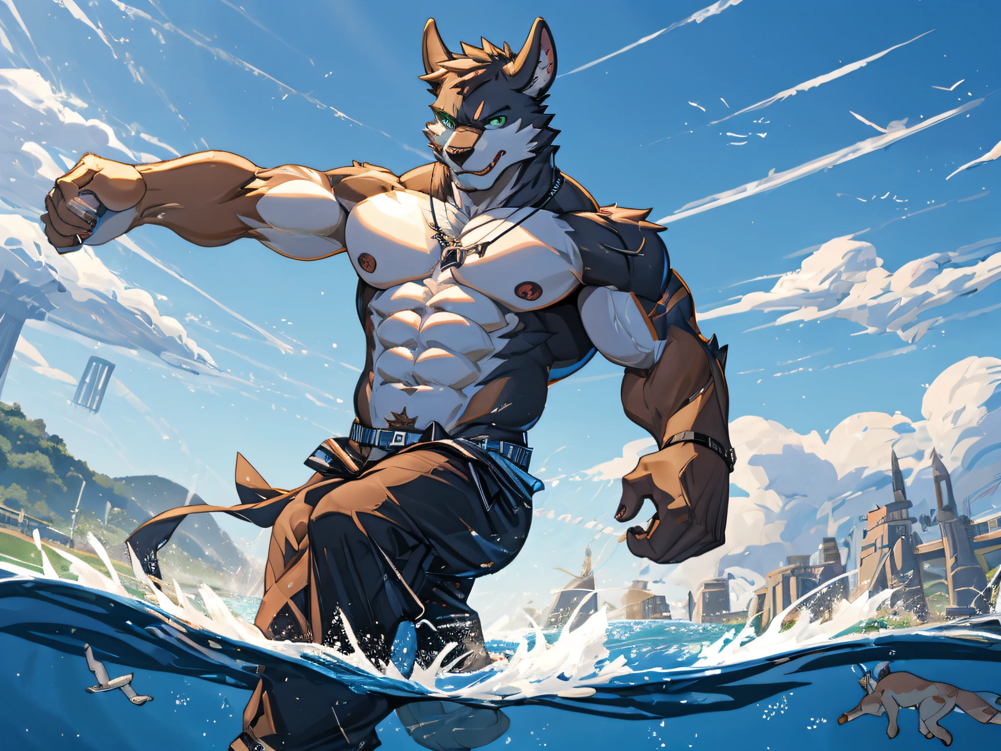 (4K resolution, realistic), bara, lifeguard, man with bread, half-wolf half-human, human appearance with wolf ears and tail, shirtless, strong muscles, confident expression, beach setting, sunny day, waves, lifeguard tower, sunglasses, sunscreen, whistle, rescue buoy, high energy, alert, muscular physique, wolf-like agility, protective instincts, tan skin, wet hair, athletic build. he has black hair and hairy. He has a faded mohawks and bushy beard, and have a big black wolf tail He has red shorts he has short hair , and hes is naked