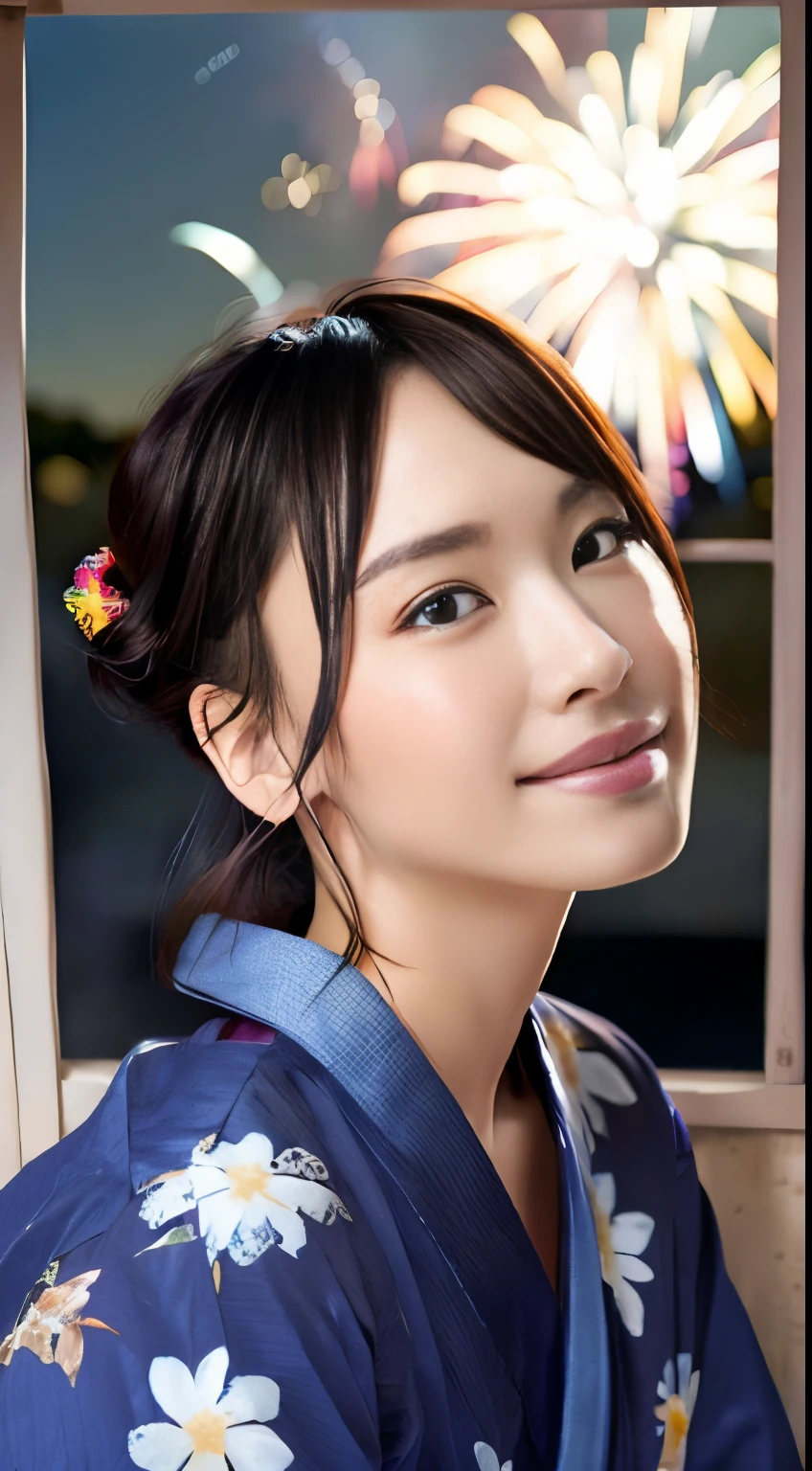 (masutepiece:1.3), High resolution, ultra-detailliert, the Extremely Detailed CG Unity 8K Wallpapers, Realistic, Photorealsitic, Raw photo, beautifull detailed face, pale skin, realistic glistening skin, Detailed Cloth Texture, detailed hair texture, Perfect body, Beautiful face, acurate, Anatomically correct, Highly detailed face and skin texture, Natural neck length, (beautiful hand air skin, (Aligned teeth:1.1), (Sweaty skin:1.3), ((Dim lighting:1.2)), 
BREAK, 
Detailed eyes, symmetrical eye, Light brown eyes, Double eyelids, Thin eyebrows, (Tearful eyes:1.1), (Glossy lips:1.4), ((Face waiting for a kiss:1.2)), (blush:1.1), (Small hair accessories that sparkle:1.1), 
BREAK, 
(Beautiful Woman 1.3), (Wearing a navy blue yukata:1.2), (The yukata has a floral pattern painted on it..:1.2), 
BREAK, 
medium large breasts, Slender figure, Firm abs, 
((up do hairstyle, Dark blonde hair, Wavy Hair, Long hair, asymmetric bangs:1.2)),  (Close Up Shot:1.2), 
((Look at me with upturned eyes:1.2)), (Focus on Face:1.2), From  above, 
BREAK, 
((Sitting side by side in the back seat of a helicopter in flight:1.1)), (((Landscape with lots of colorful fireworks outside the window at night:1.3))),