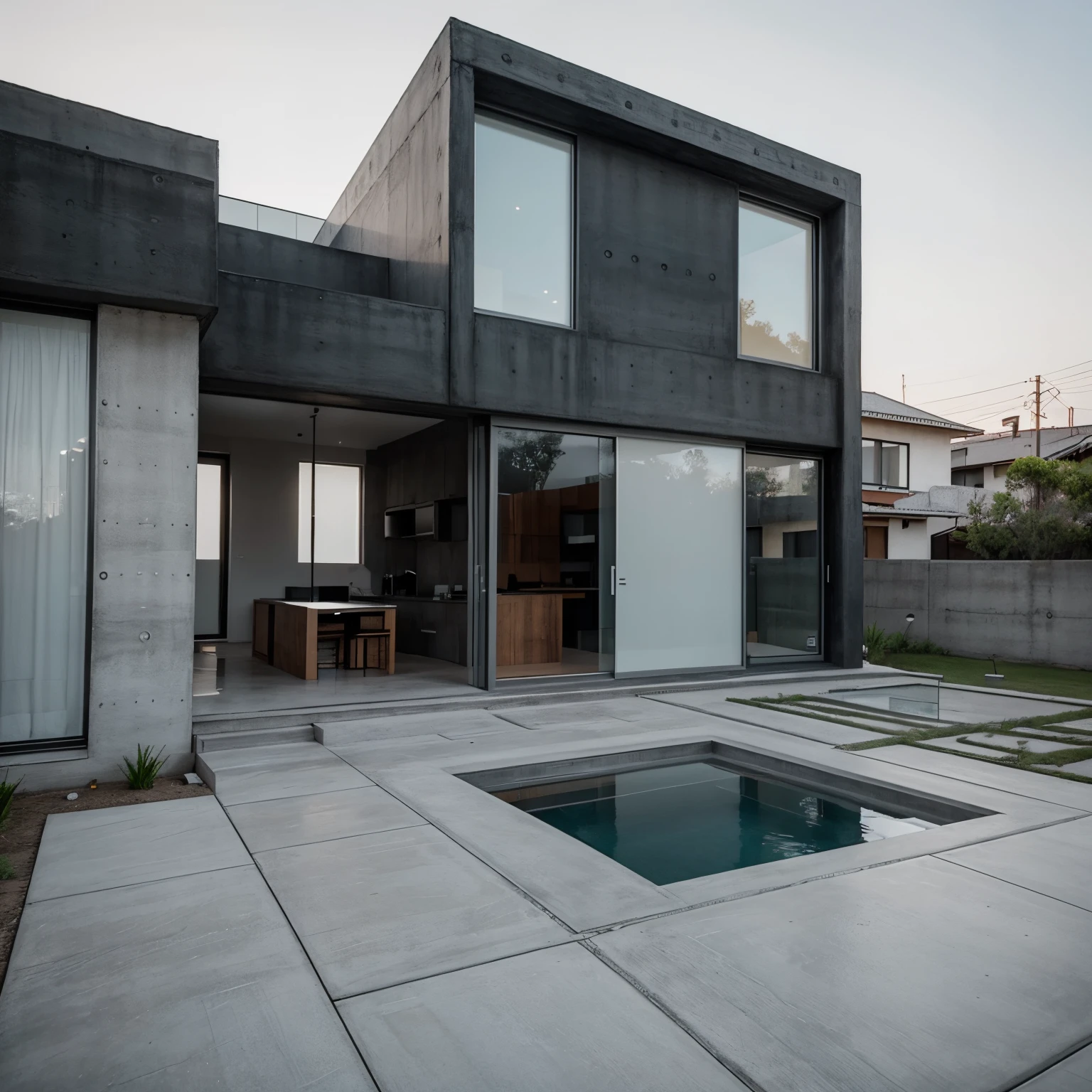 House made of concrete and glass in a minimalist style, loft, Geometric shapes, Modern design, minimalism