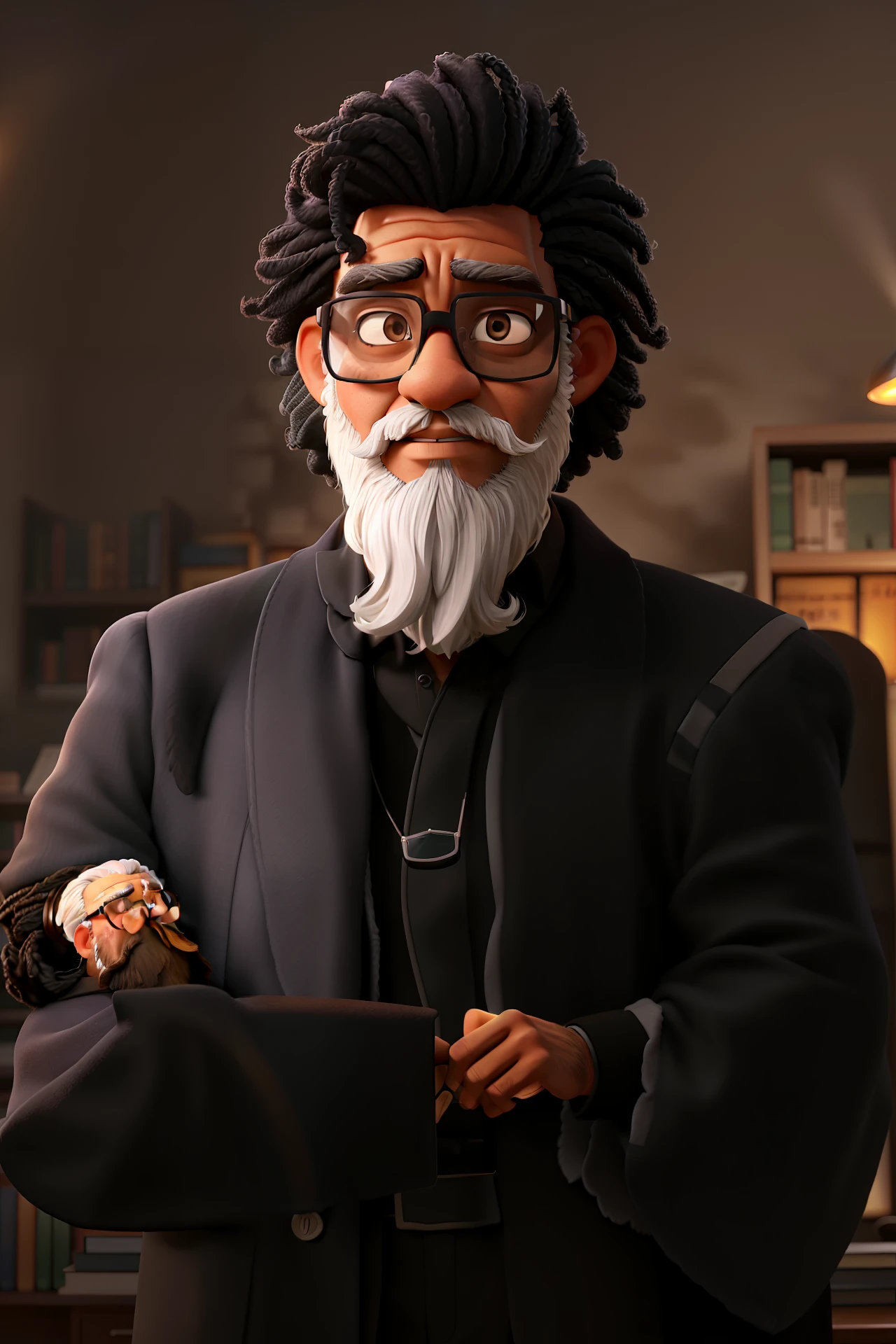 A wise man standing in front, black skin, with super technological glasses, Big Beard, some white hair in his beard and hair, illuminated by the light of a lamp, with a library as a backdrop.