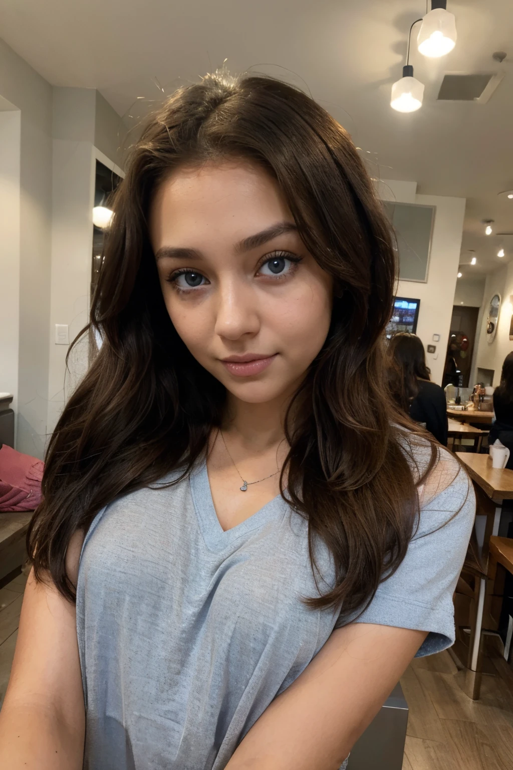 arafed smily woman with casual clothes, with realistic blue eyes, tanned skin, portrait sophie mudd, brown curly hair and large eyes, selfie of a young woman, bedroom eyes, violet myers, without makeup, natural makeup, looking directly at the camera, face with artgram, subtle makeup, stunning full body shot, in a coffee shop, selfie,