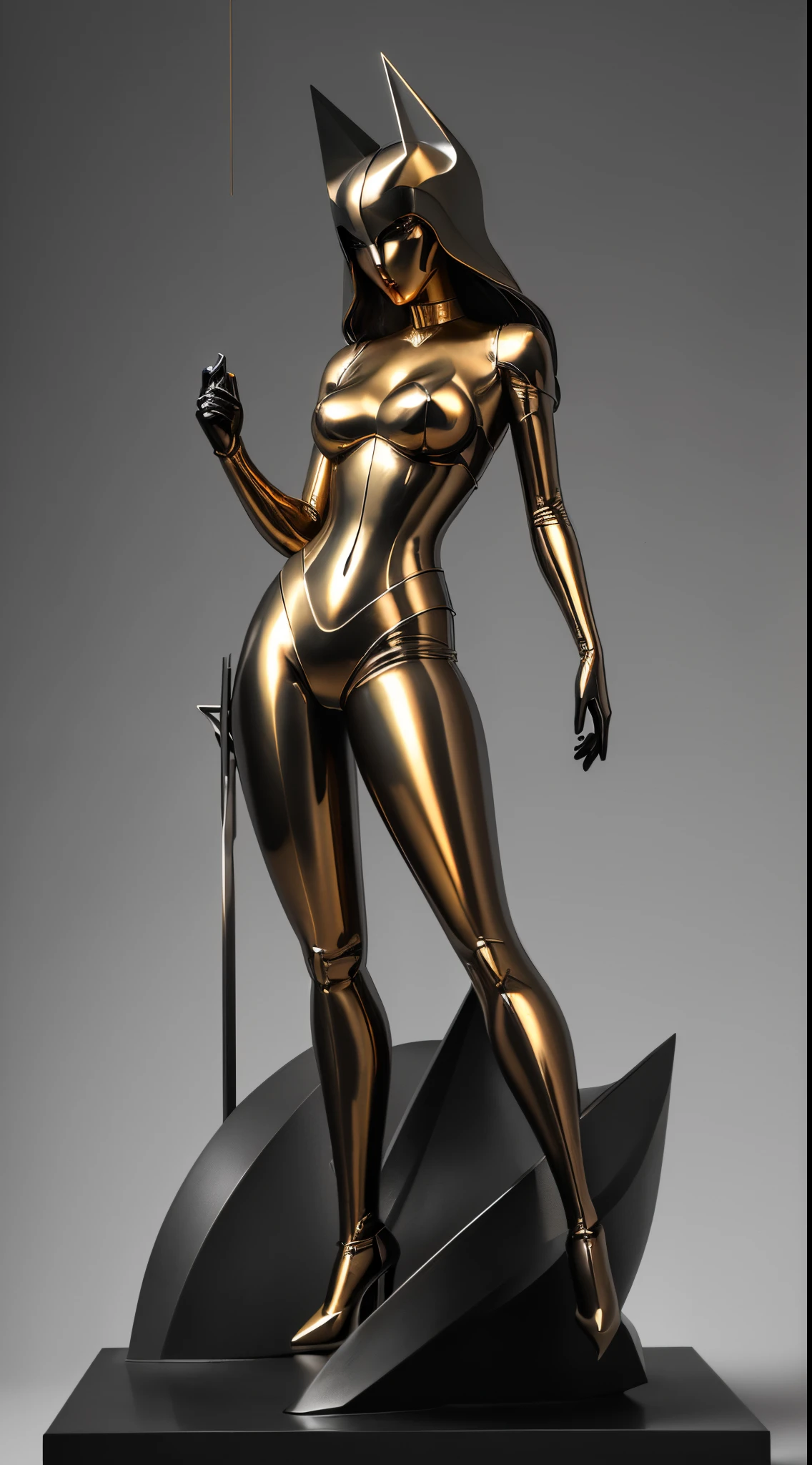 (minimalist:1.5)，(Metal sculpture of a beautiful girl:1.3)，(Lines are curved and smooth:1.2)，golden colored，(rainbowing:1.1)，abstract sculpture，minimalistic background，Line winding sculpture，(Best quality at best，ultra - detailed，Best Best Illustration，The best shadow，tmasterpiece，A high resolution，professionalartwork，famousartwork），heavy metal style，Post-industrial style，A futuristic，Delicate curves,Stylized abstract sculpture of beautiful girl,heavy metal style，postmodern industrial style，hyper realisitc，metallic  luster，metalictexture