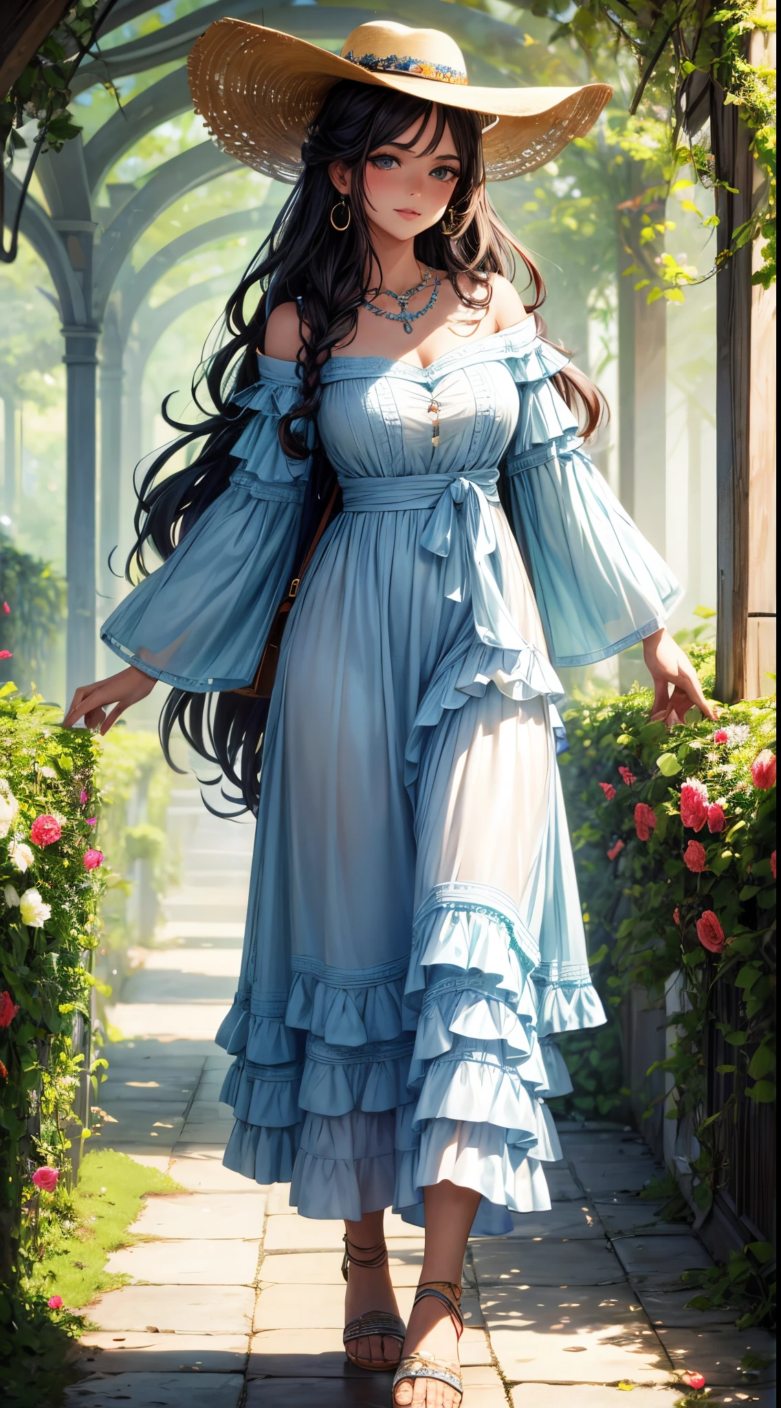 master piace, full hd, high quality, ultra detail, Boho beauty, flowing floral maxi dress, layered accessories, wide-brimmed hat, loose wavy hair, natural makeup, earthy tones, beaded jewelry, a carefree and stylish vibe.