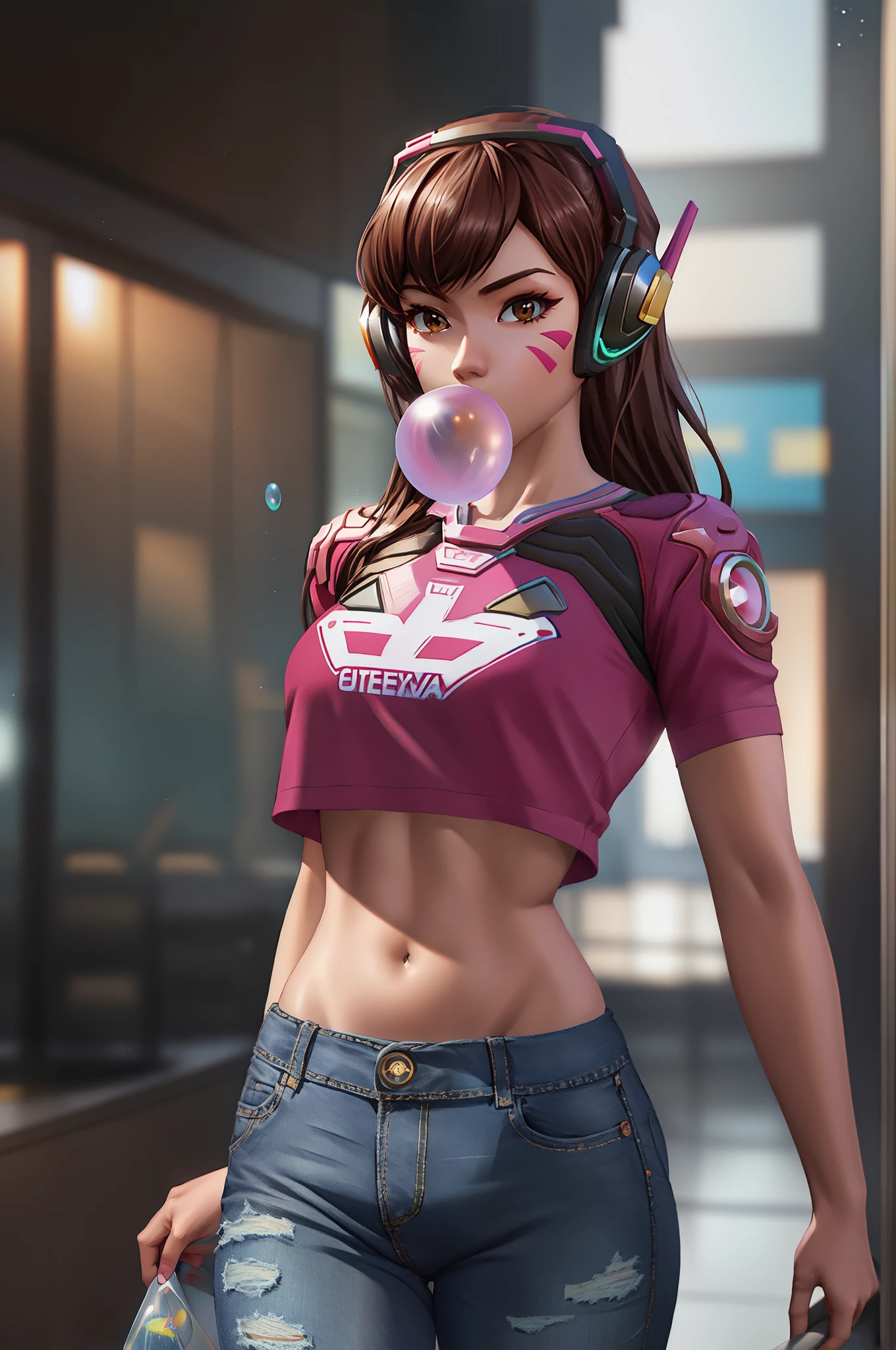 perfect eyes:1.2, detailed eyes:1.4, cowboy shot, blow bubble gum, d.va, crop top overhang, ripped jeans, long hair, brown hair, headphones, navel, whisker markings, casual clothes, 1girl, solo, (masterpiece:1.6, best quality), 8k, insane details, intricate details, hyperdetailed, hyper quality, high detail, ultra detailed, professional, HDR, ray tracing reflection, cinematic lighting,