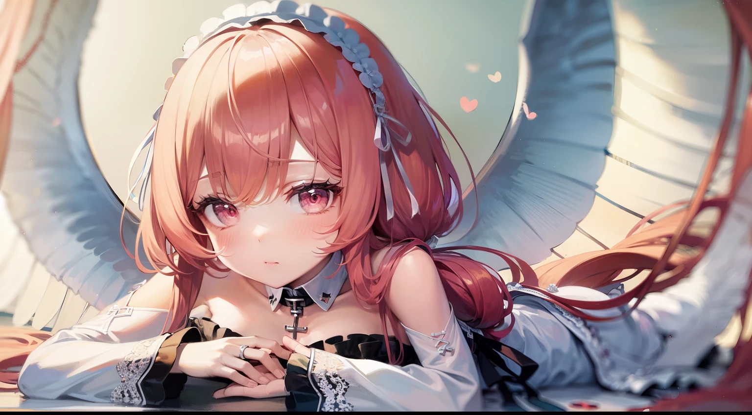 high detail, symmetrical, masterpiece, best quality, perseusorigin, beautiful, detailed eyes, beautiful, detailed hands, better hands extremely detailed, whithe _dress, angel_wings, white_legwear 1girl, solo, pink hair, long hair, looking at viewer, breasts, same eye colour, wedding dress, outdoors, bridal veil, long dress, white dress, hoop skirt, clover