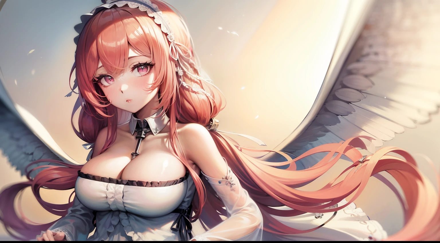 high detail, symmetrical, masterpiece, best quality, perseusorigin, beautiful, detailed eyes, beautiful, detailed hands, better hands extremely detailed, whithe _dress, angel_wings, white_legwear 1girl, solo, pink hair, long hair, looking at viewer, , same eye colour, wedding dress, outdoors, bridal veil, long dress, white dress, hoop skirt, clover