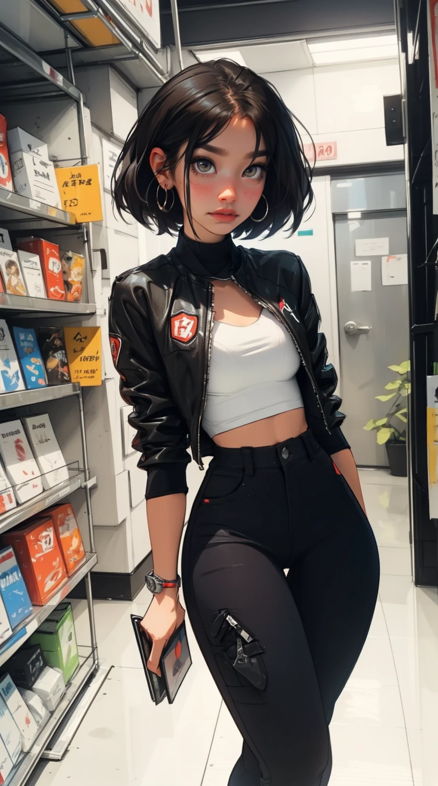 master part, 4K Ultra HD, foco nítido, Realistic; Uma menina com cabelo castanho curto, olhos cor de mel, athletic with defined muscles, adornado com uma elegante jaqueta prateada, black pants, e botas. On the arm written Miuri on Mlbb" e abaixo "mid laner."
