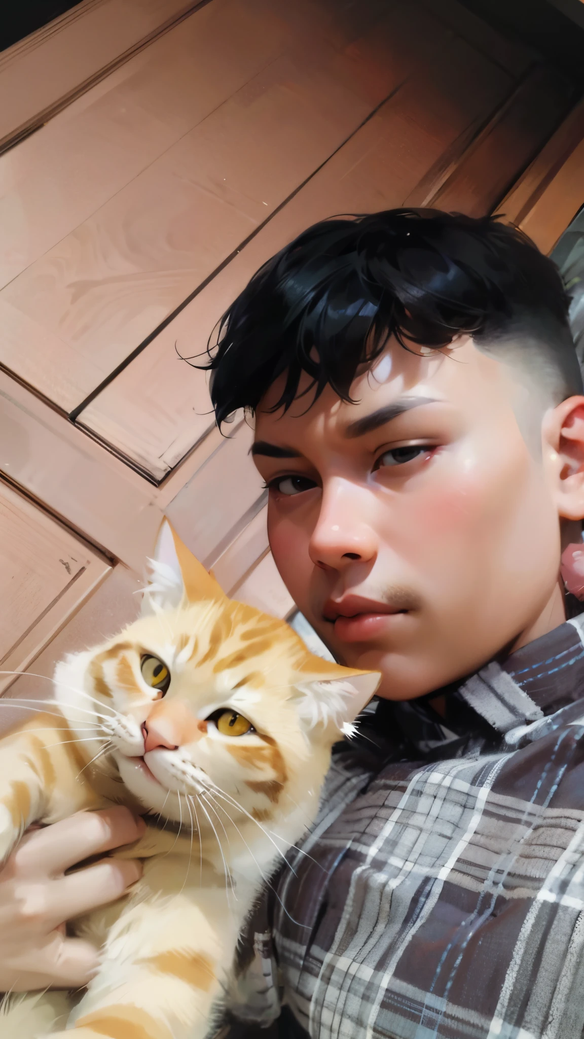 Real picture generate to cartoon, 1boy, short hair, Black hair, cat orange, face cartoon, Asian face, mullet hair, ultra detail, generate to cartoon