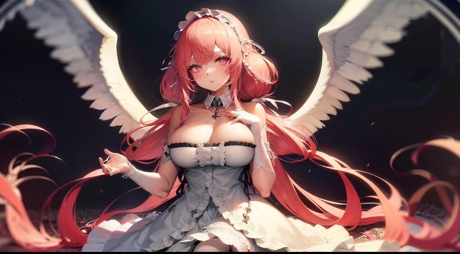 high detail, symmetrical, masterpiece, best quality, perseusorigin, beautiful, detailed eyes, beautiful, detailed hands, better hands extremely detailed, whithe _dress, angel_wings, white_legwear 1girl, solo, pink hair, long hair, looking at viewer, breasts, same eye colour, wedding dress, outdoors, bridal veil, long dress, white dress, hoop skirt, clover