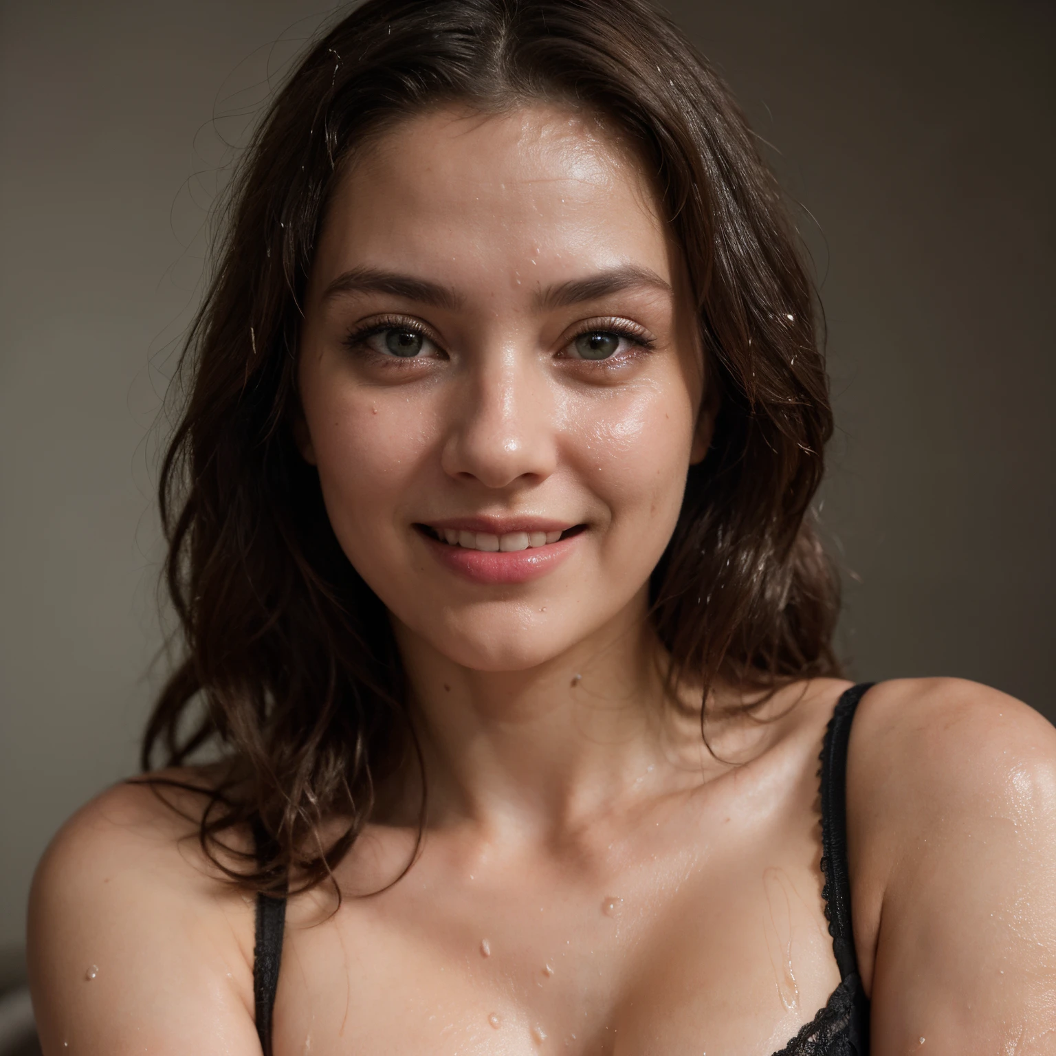 , (realistic photo: 1.4), (hyper realistic: 1.4), (realistic: 1.3), (softer lighting: 1.05), (increase the quality of cinematic lighting: 0.9), 32K, 1 girl, 22 years, Itallian, big , realistic lighting, backlight, light on face, ray trace, (bright light: 1.2), (increase quality: 1.4), (skin with real texture of better quality: 1.4), smiling, happy, finely detailed green eyes, finely detailed face, hour-glass body, pale skin,  long Brown curly hair, finely quality eyes, (joy, flush, smile, happiness), close-up of the smile face, (Increase body line mood: 1.1), (Increase skin texture beauty: 1.1) (a-bit wet and  black lace ), (cold colors), damp, reflections, bedroom background (masterpiece) (perfect proportion)(realistic photo)(best quality) (detailed) photographed on a Canon EOS R5, 50mm lens,  F/2.8, HDR, (8k), no water mark