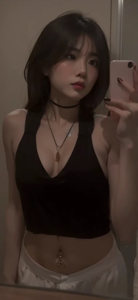 Vietnamese Asian woman taking a selfie in the mirror,Perfect slender figure,large full breasts, she is wearing a sheer white tank top, Wearing a black choker, Open V chest clothes, wearing a low cut tanktop, Beautiful fingers drawn in detail,attractive neck