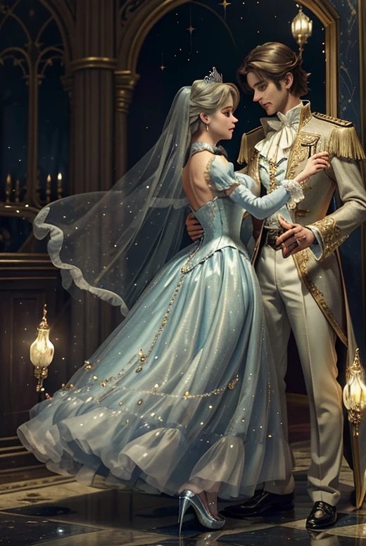 Cinderella (from Cinderella) (best quality,4k,8k,highres,masterpiece:1.2),ultra-detailed,realistic:1.37,fairytale,portrait,Cinderella,princess,glass slippers,breathtaking ballgown,twinkling lights,golden carriage,royal palace,enchanted forest,magic wand,sparkling tiara,happy ending,magical atmosphere,rags to riches,royal dance,fairy godmother,fantasy world,bibbidi-bobbidi-boo,mirror reflection,castle clock striking midnight,romantic ambiance,elegant hairstyle,dancing shoes,enchanted pumpkin carriage,starlit sky,romantic fairytale setting,charming prince,storybook ending,beautiful transformation,classical music,whimsical scenery,majestic staircase,joyful celebration,memorable enchantment,cinderella story,waltz,royal garden,graceful movements,timeless beauty,storybook character