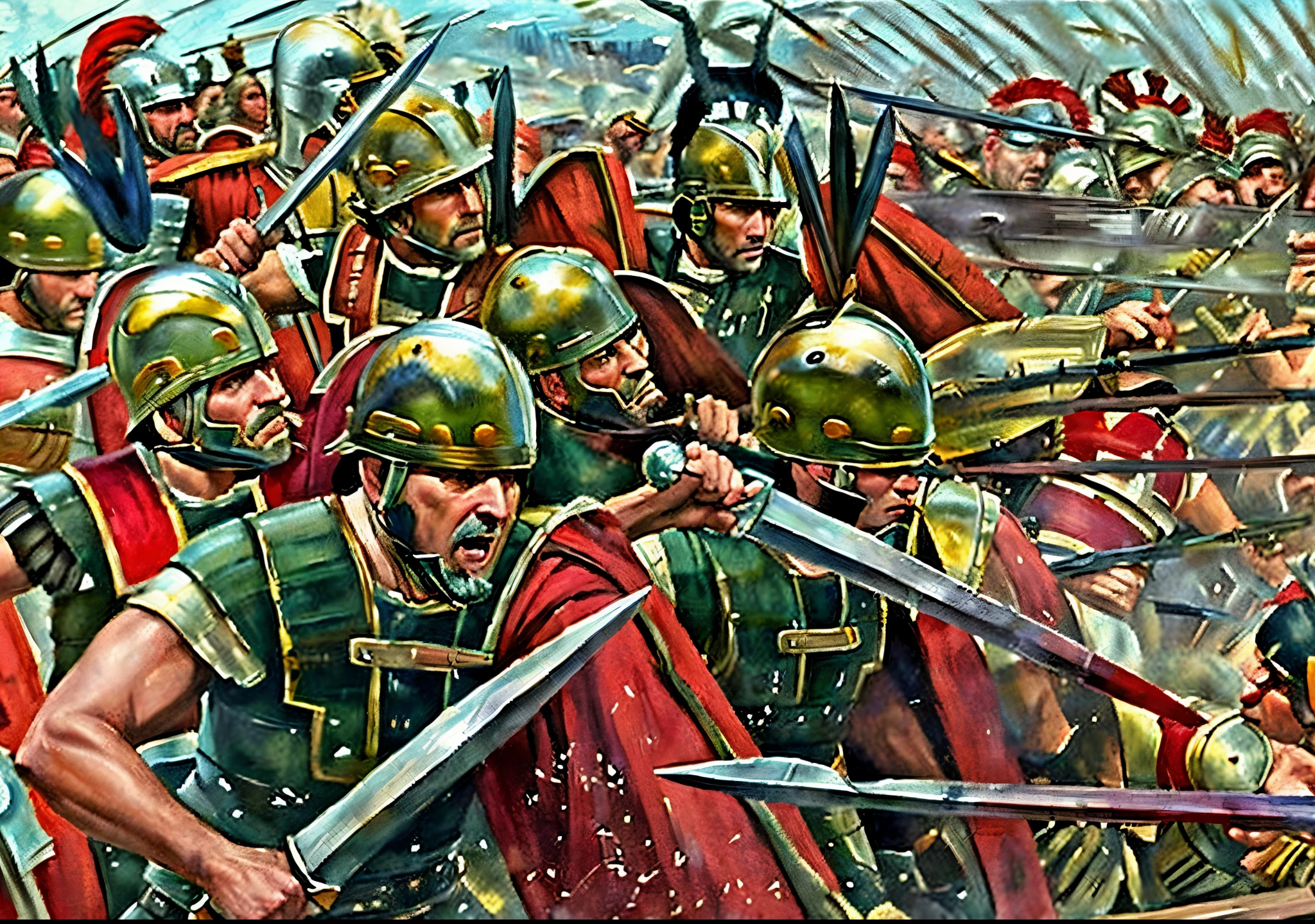 a painting of a group of men in armor holding swords, historical artistic depiction, leading spartans into battle, by Pogus Caesar, fall of rome, background of invading army, in battle, heroic battle scene, 4 0 0 , historical painting, the fall of rome, ancient battlefield, by Mort Artists, ancient roman painting, by Antonio Ciseri