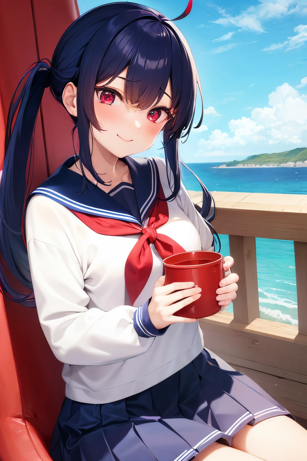 High school girl、darkblue hair、Red Eyes、Lowered eyebrows、gently smiling、White sailor suit、Ahoge、hair tied in two、Calm