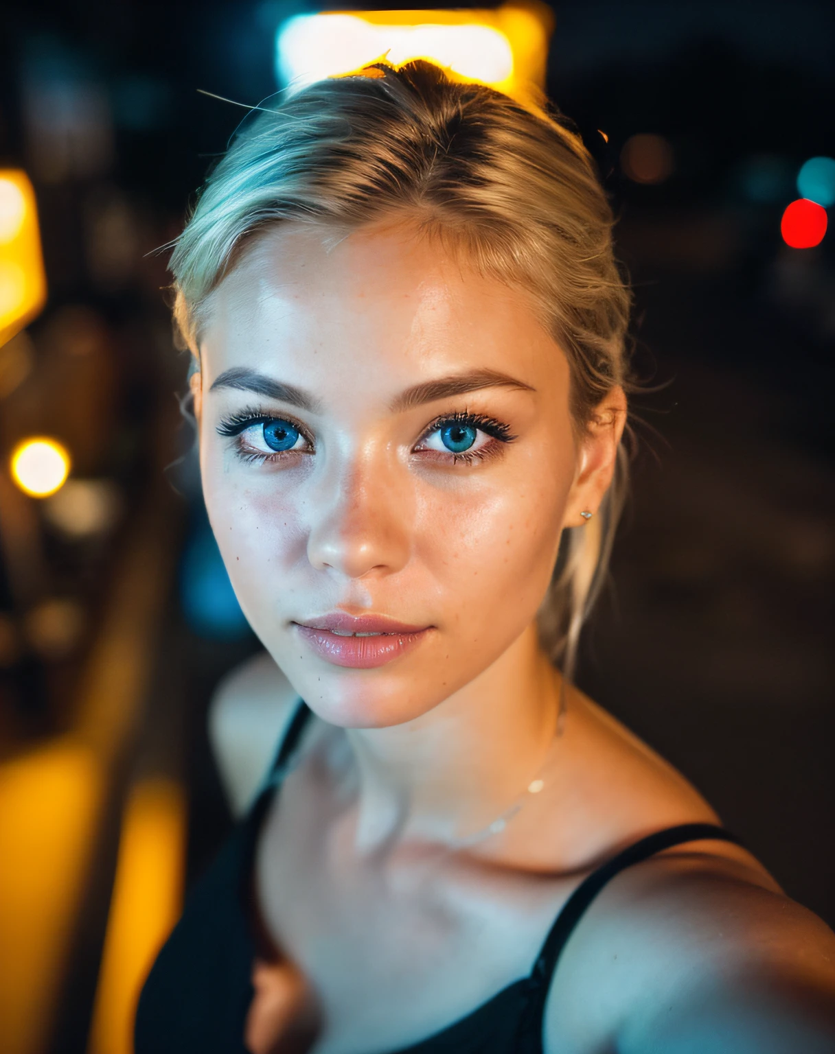 (selfie shot, from above: 1.4), (half-body portrait: 1.4), 24-year-old blonde (blue-eyed woman) walking in a bar RAW uhd portrait photo, natural breast_b, city background at night, (yellow sundress), (crack), detailed (texture!, hair!, shine, color!!, flaws: 1.1), highly detailed glowing eyes, (looking at camera), specular light, dslr, extreme quality, sharp focus, sharp, dof, Film grain, (centered), Fujifilm XT3, crystal clear, center of frame, cute face, sharp focus, street lamp, neon lights, bokeh, (dark light), low key, night, (night sky ) detailed skin pores, oil Dark skin, brown, complex eye details