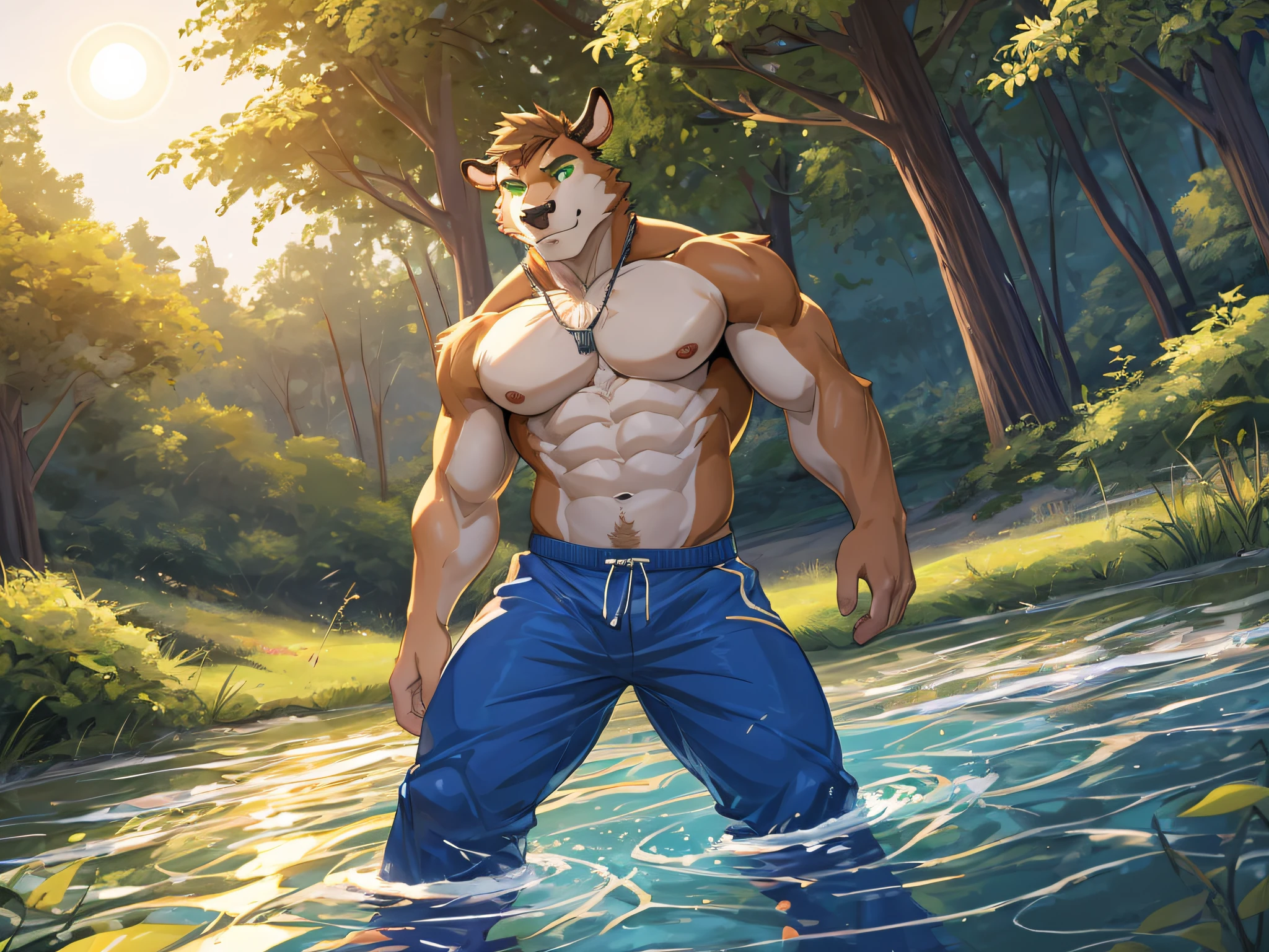 Anthro, male, solo, full length portrait, domestic dog, muscular, athletic, abs, smile, digitigrade, barefoot, fully naked, sweat, sweaty, happy trail, sheath, balls, genitails, outdoors, backyard, pool, body submerged in water, relaxing in water, digital artwork, (flat colors:1.2), (by adios, by k-9, by paintfox:.8), by delirost, by tritscrits, (detailed fur, detailed fur texture:0), (masterpiece, best quality, high quality, highres, ultra-detailed)
