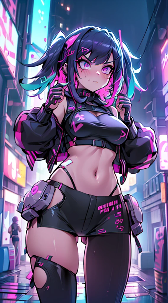 masutepiece,8K,High quality,Ultra Detail,super precision,1girl in(Shoot with P90)(in fighting)(Angry face),big boobs,cyberpunked,in fighting,Building area at night where it is located(cyberpunked),dazzling neon light,