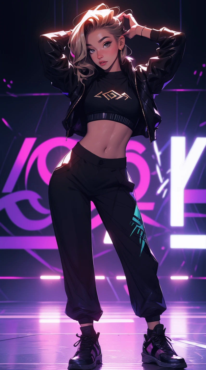 master part, 4K Ultra HD, foco nítido, Realistic; Uma menina com cabelo castanho curto, olhos cor de mel, athletic with defined muscles, adornado com uma elegante jaqueta prateada, black pants, e botas. On the arm written Miuri on Mlbb" e abaixo "mid laner."