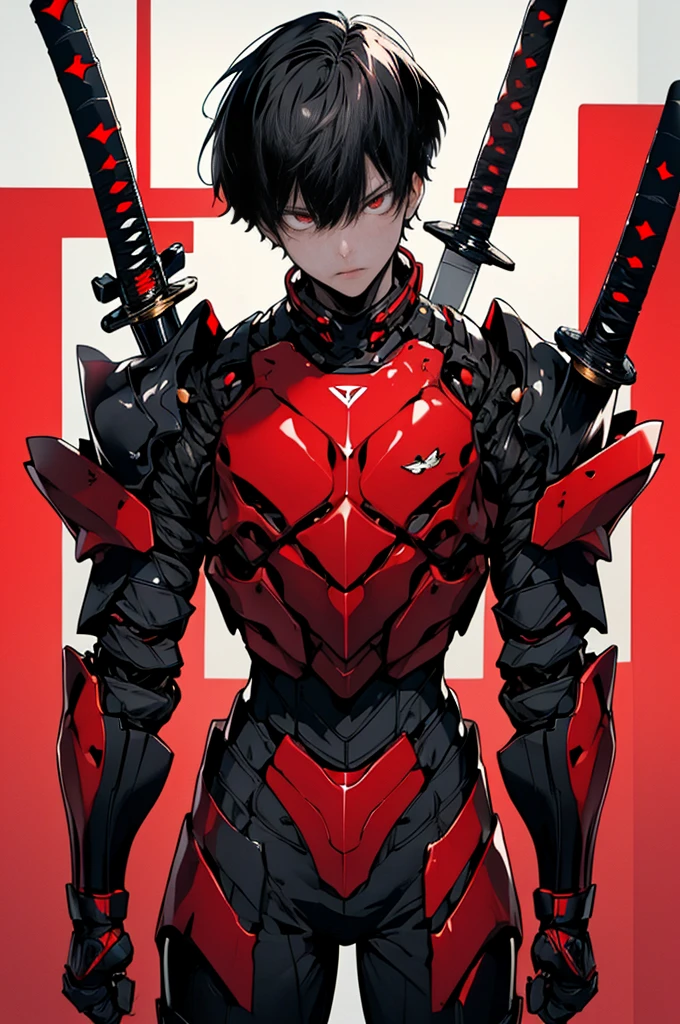 (masterpiece, best quality), black hair, short hair, looking at viewer, red eyes, katana, High-tech armor, reinforced exoskeleton, solo focus, standing, (1man:1.4), full body,
