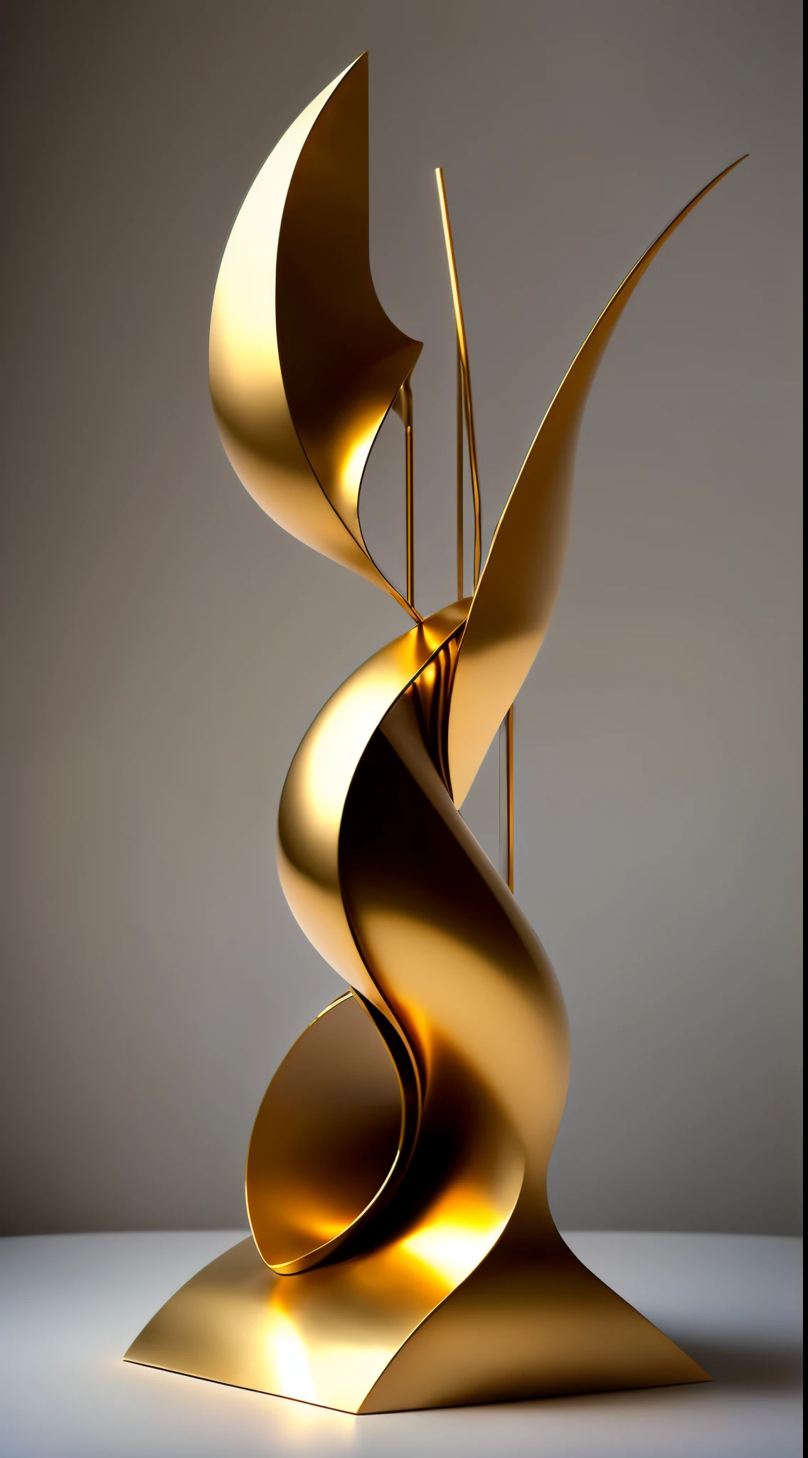 (minimalist:1.5)，(Metal sculpture of a beautiful girl:1.3)，(Lines are curved and smooth:1.2)，golden colored，(rainbowing:1.1)，abstract sculpture，minimalistic background，Line winding sculpture，(Best quality at best，ultra - detailed，Best Best Illustration，The best shadow，tmasterpiece，A high resolution，professionalartwork，famousartwork），heavy metal style，Post-industrial style，A futuristic，Delicate curves,Stylized abstract sculpture of beautiful girl,heavy metal style，postmodern industrial style，hyper realisitc，metallic  luster，metalictexture