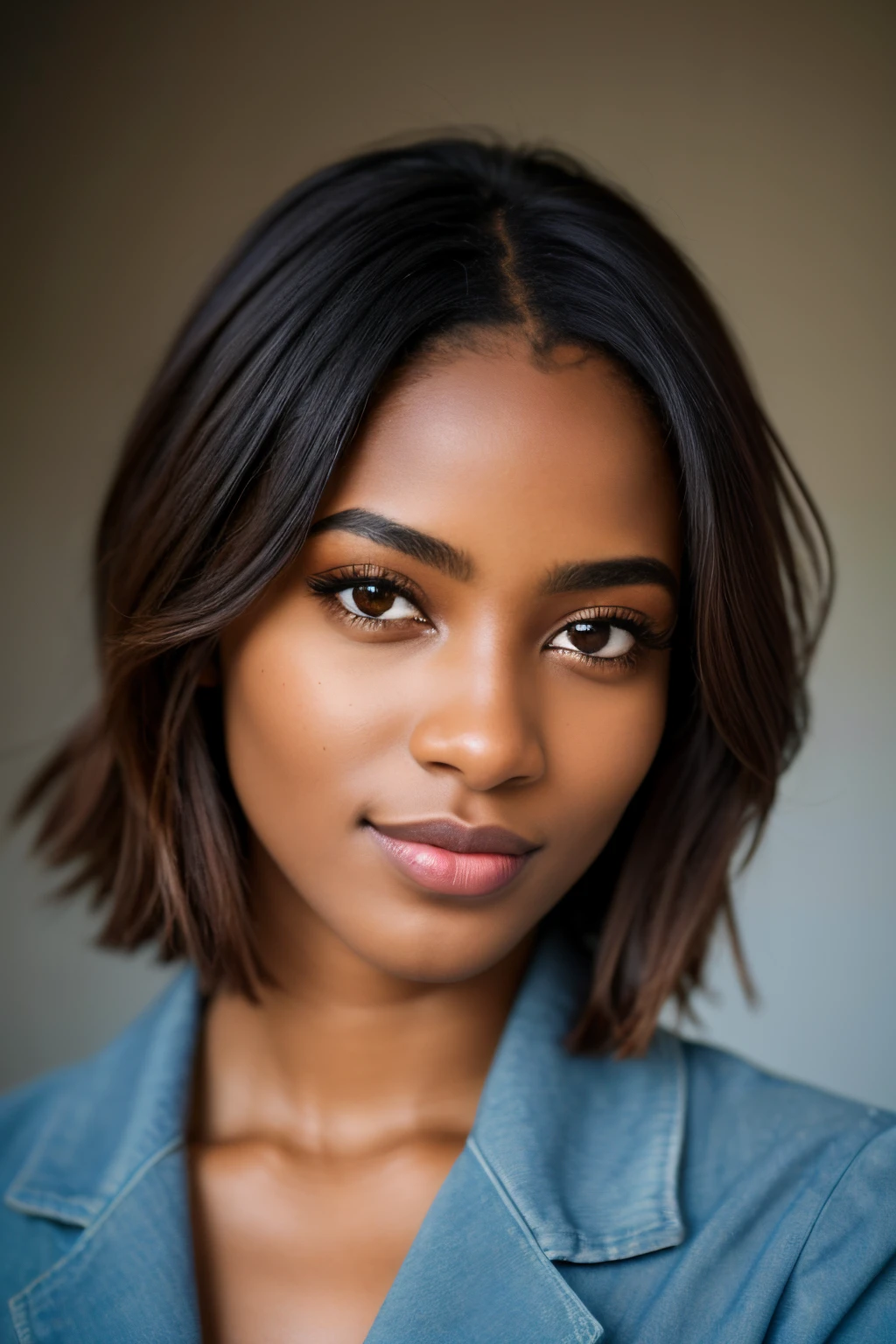 (8k, Photo brute, Highest quality), Beautiful Ebony Girl, Poils sarcelle, yeux sarcelle, joie, Regard tout droit, robe, (detailled eyes:0.8), (looking at the camera:1.4 tout droit), (Highest quality), (meilleure ombre), Intricate details, interior, Studio sombre, muted colors, (Contraste To8Style), pretty