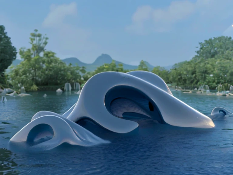 float in the water, Inspired by Cha Shibiao, Cha Shibiao, ocean rendering, sculpture made of water, Depicted as a 3D rendering, conceptual rendering, Forms of flow, 3D artistic rendering, soft 3d render, Made purely from water, 3D fluid simulation rendering, fantasy render