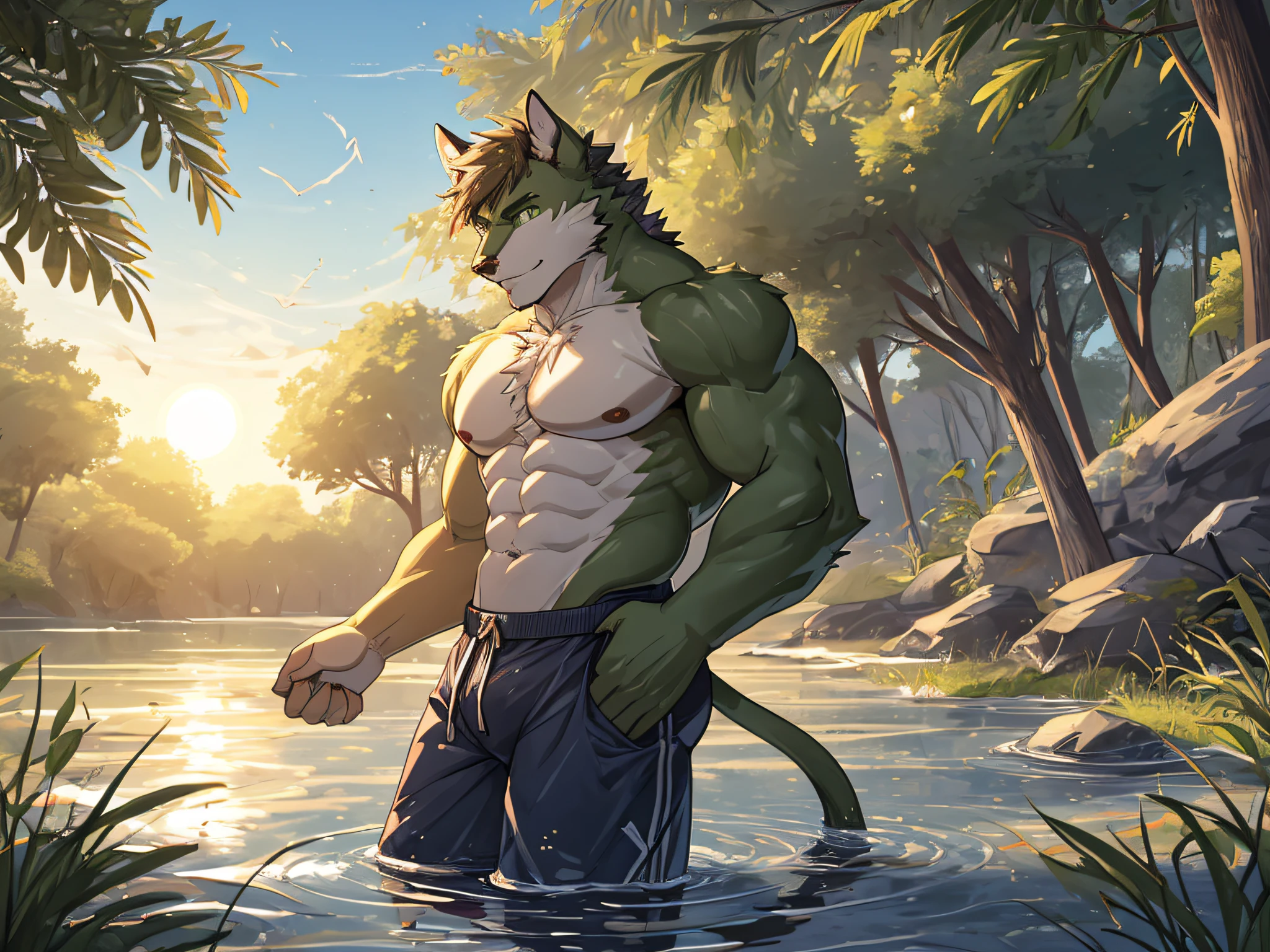 furry,bara,brown cow,masculine,green eyes,Bouncy body,Nude body,Wear blue swimming trunks,Standing in the lake,The sun has set..