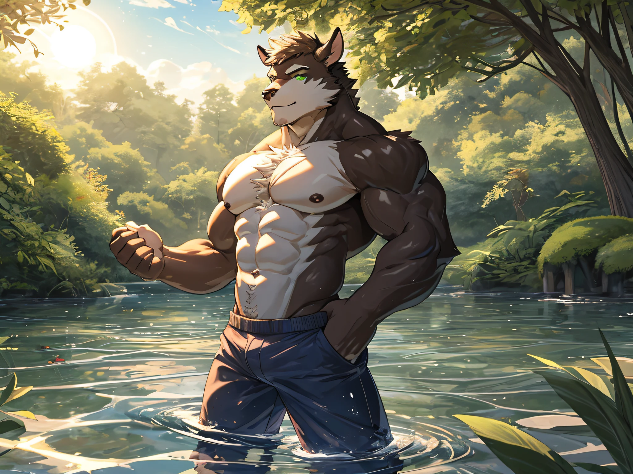 furry,bara,brown cow,masculine,green eyes,Bouncy body,Nude body,Wear blue swimming trunks,Standing in the lake,The sun has set..