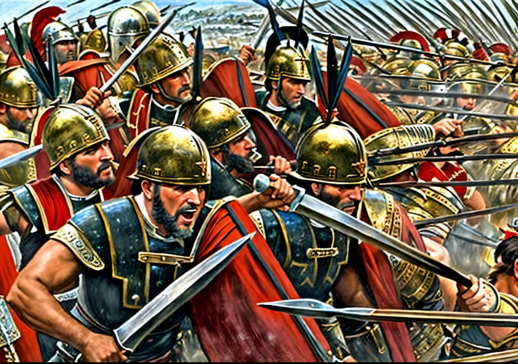 a painting of a group of men in armor holding swords, historical artistic depiction, leading spartans into battle, by Pogus Caesar, background of invading army, fall of rome, in battle, heroic battle scene, 4 0 0 , the fall of rome, historical painting, ancient battlefield, by Mort Artists, ancient roman painting, by Antonio Ciseri