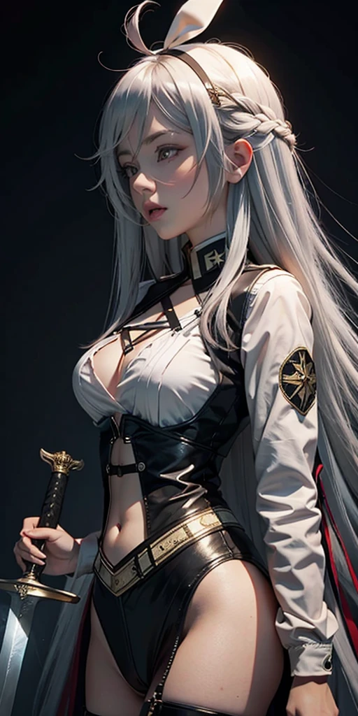 VladilenaLora, long hair, grey eyes, grey hair, sword,