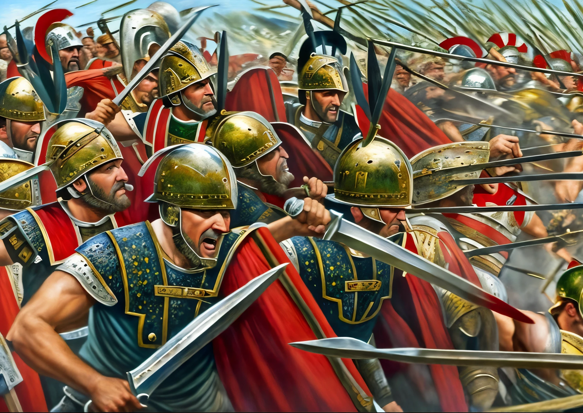 a painting of a group of men in armor holding swords, historical artistic depiction, leading spartans into battle, by Pogus Caesar, fall of rome, background of invading army, in battle, heroic battle scene, 4 0 0 , historical painting, the fall of rome, ancient battlefield, by Mort Artists, ancient roman painting, by Antonio Ciseri