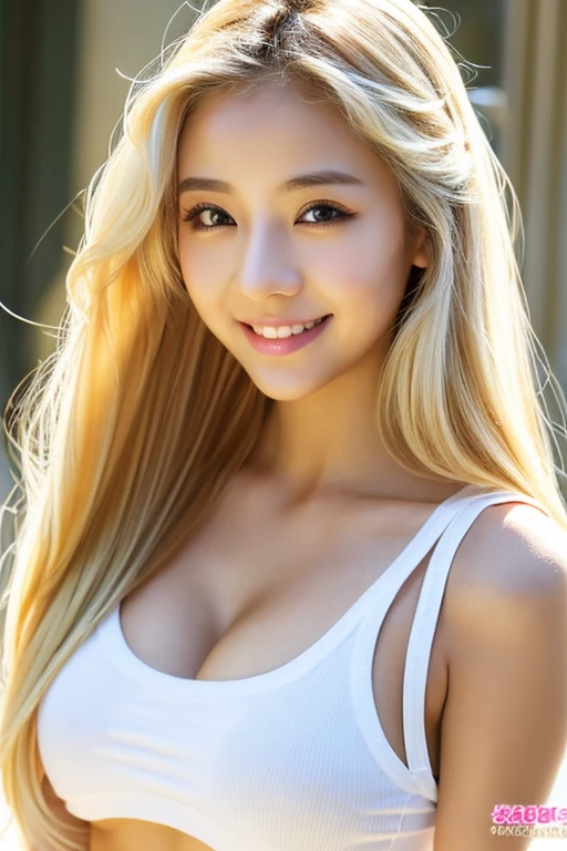 ２０Old Female、Blonde longhair、Atmosphere of girls in Minato Ward、y chest clothes、Glossy look、Provocative look、Smiling suspiciously、Very beautiful、unbelievably beautiful、Sextmosphere、Puffint cheeks、cheeks are reddened、Embarrassing、There&#39;s a boyfriend I like in front of me、My eyes are clear、light skinned、skin whitening、美丽的面容、Double eyelids、Big eyes、Wearing a white tank top、more beautiful than anyone、college madonna、profile、Facing to the side、a blond、Bright blonde hair、gals、Very cute