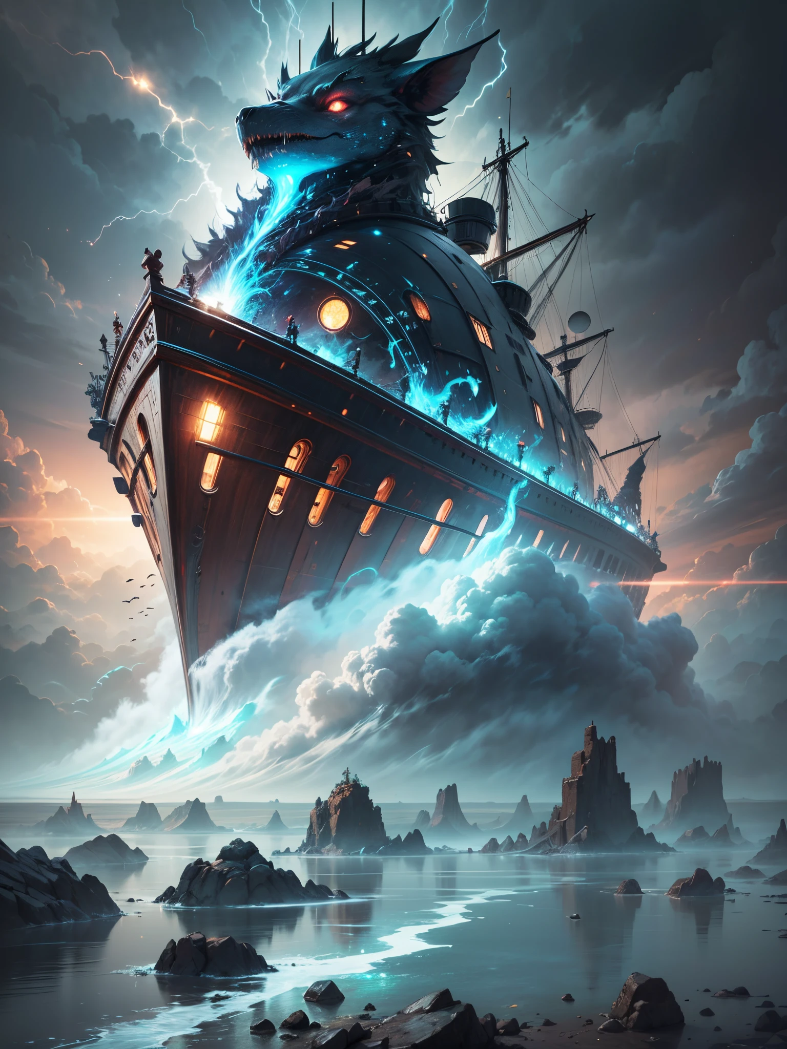 A poster for a film, an old schooner in the background of a storm. Not far away you can see the rocks. No letters., perfect composition, beautiful detailed intricate insanely detailed octane render trending on artstation, 8 k artistic photography, photorealistic concept art, soft natural volumetric cinematic perfect light, chiaroscuro, award - winning photograph, masterpiece, oil on canvas, raphael, caravaggio, greg rutkowski, beeple, beksinski, giger dramatic lighting high resolution cinematic lighting detailed dramatic octane render 8k --auto --s2