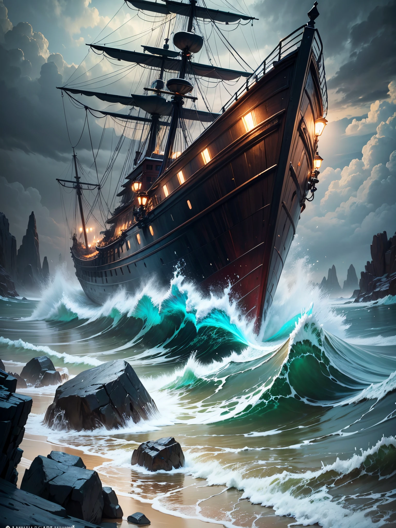 A poster for a film, an old schooner in the background of a storm. Not far away you can see the rocks. No letters., perfect composition, beautiful detailed intricate insanely detailed octane render trending on artstation, 8 k artistic photography, photorealistic concept art, soft natural volumetric cinematic perfect light, chiaroscuro, award - winning photograph, masterpiece, oil on canvas, raphael, caravaggio, greg rutkowski, beeple, beksinski, giger  dramatic lighting high resolution cinematic lighting detailed dramatic octane render 8k --auto --s2