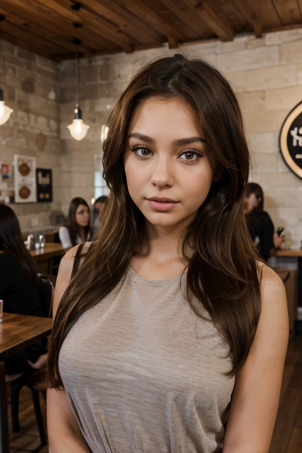 （lifelike， high - resolution：1.3）， 1 brunette arafed happy girl with a perfect body with casual clothes, Super fine face and eyes，slong hair, tanned skin, fullbody , portrait sophie mudd, brown curly hair and large eyes, selfie of a young woman, bedroom eyes, violet myers, without makeup, natural makeup, looking directly at the camera, face with artgram, subtle makeup, stunning full body shot, in a coffee shop